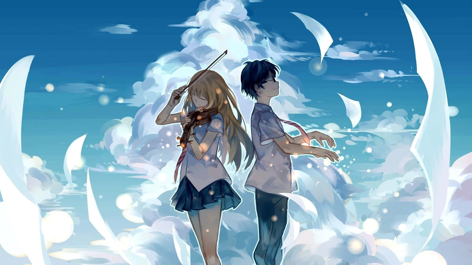 Cặp đôi dễ thương trên bầu trời phong cách anime xanh mỹ thuật Hình nền