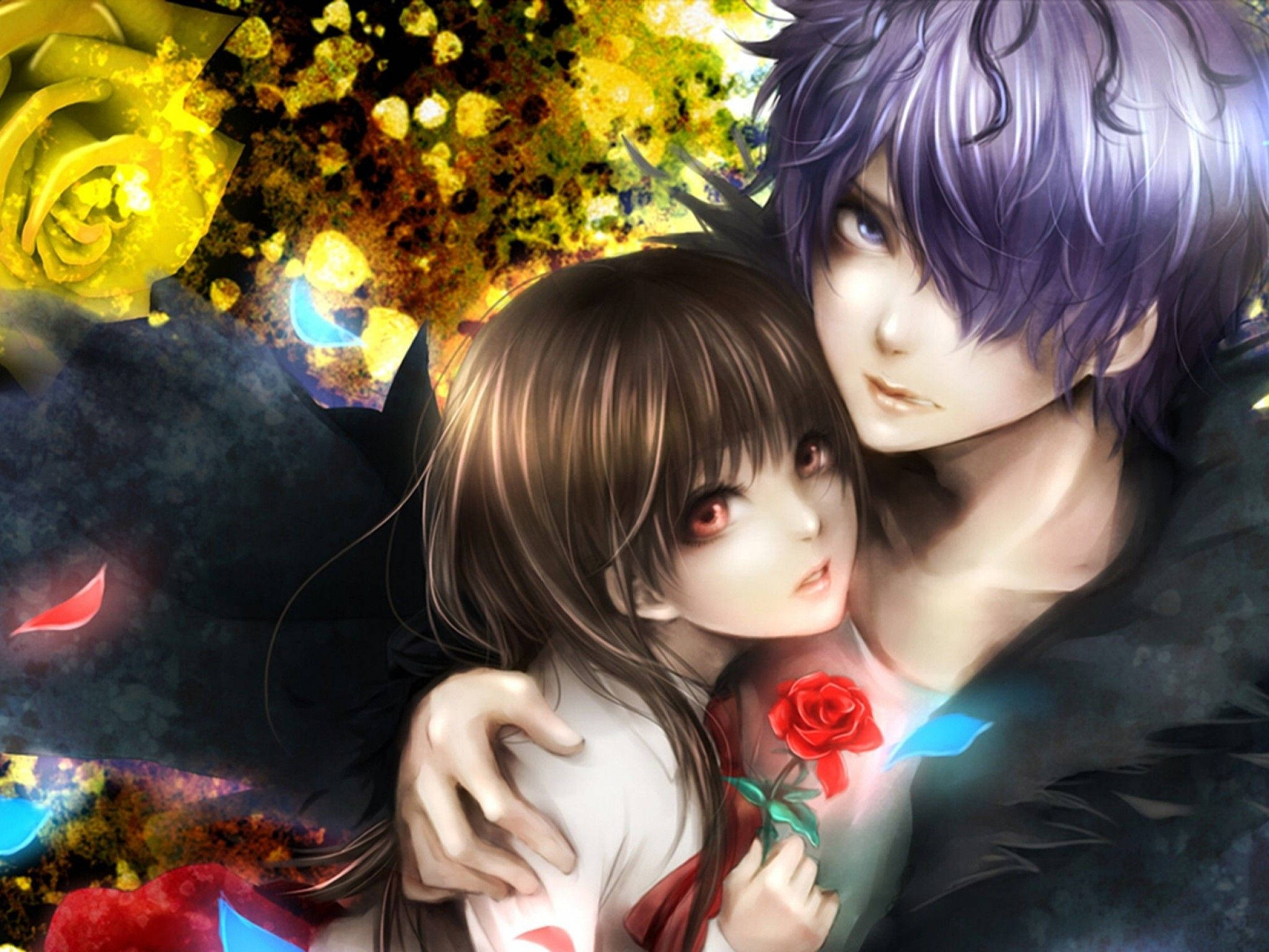 Cặp đôi anime ôm hoa hồng Hình nền