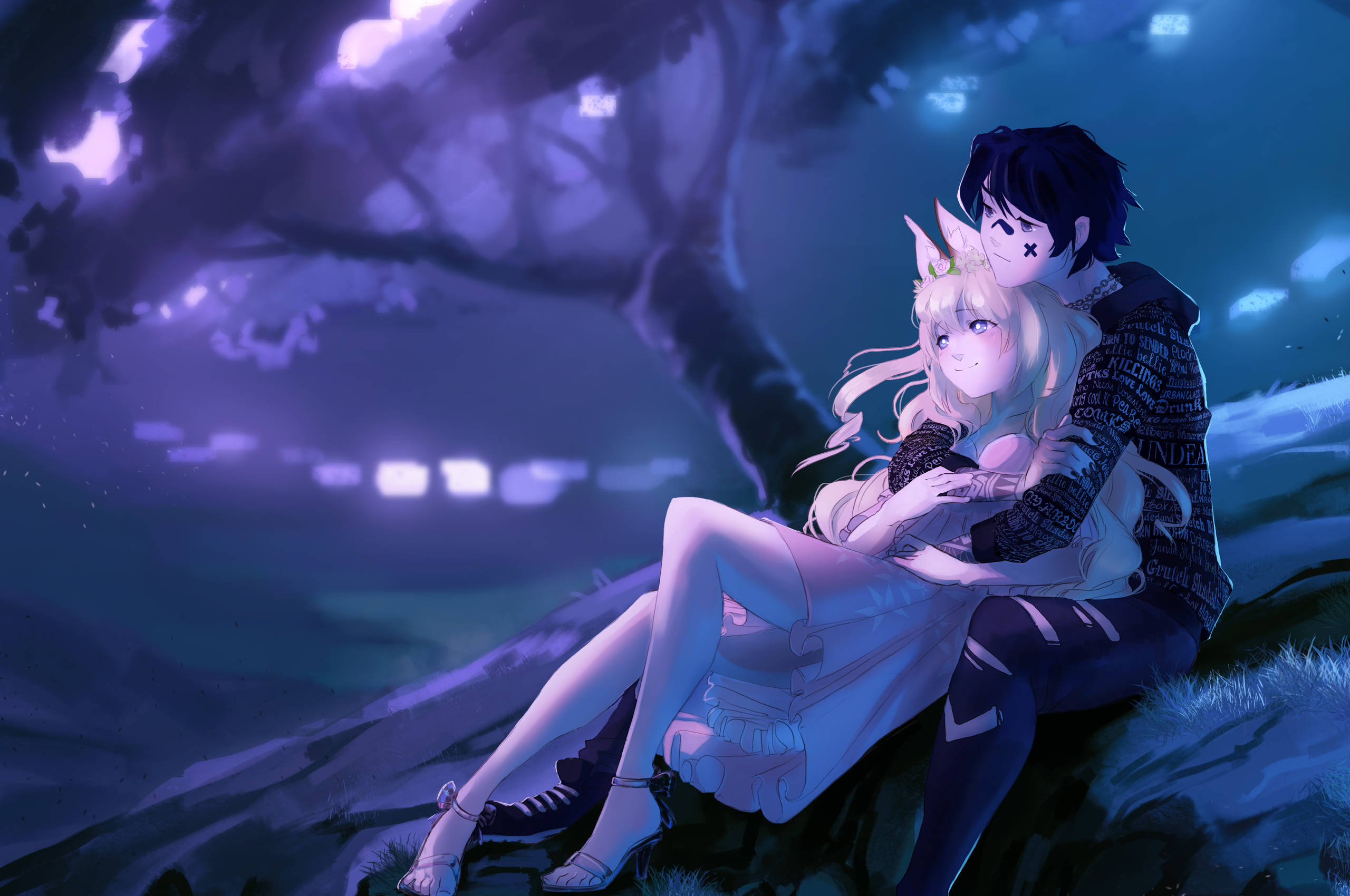 Cặp đôi anime ôm nhau dưới bầu trời đêm Hình nền