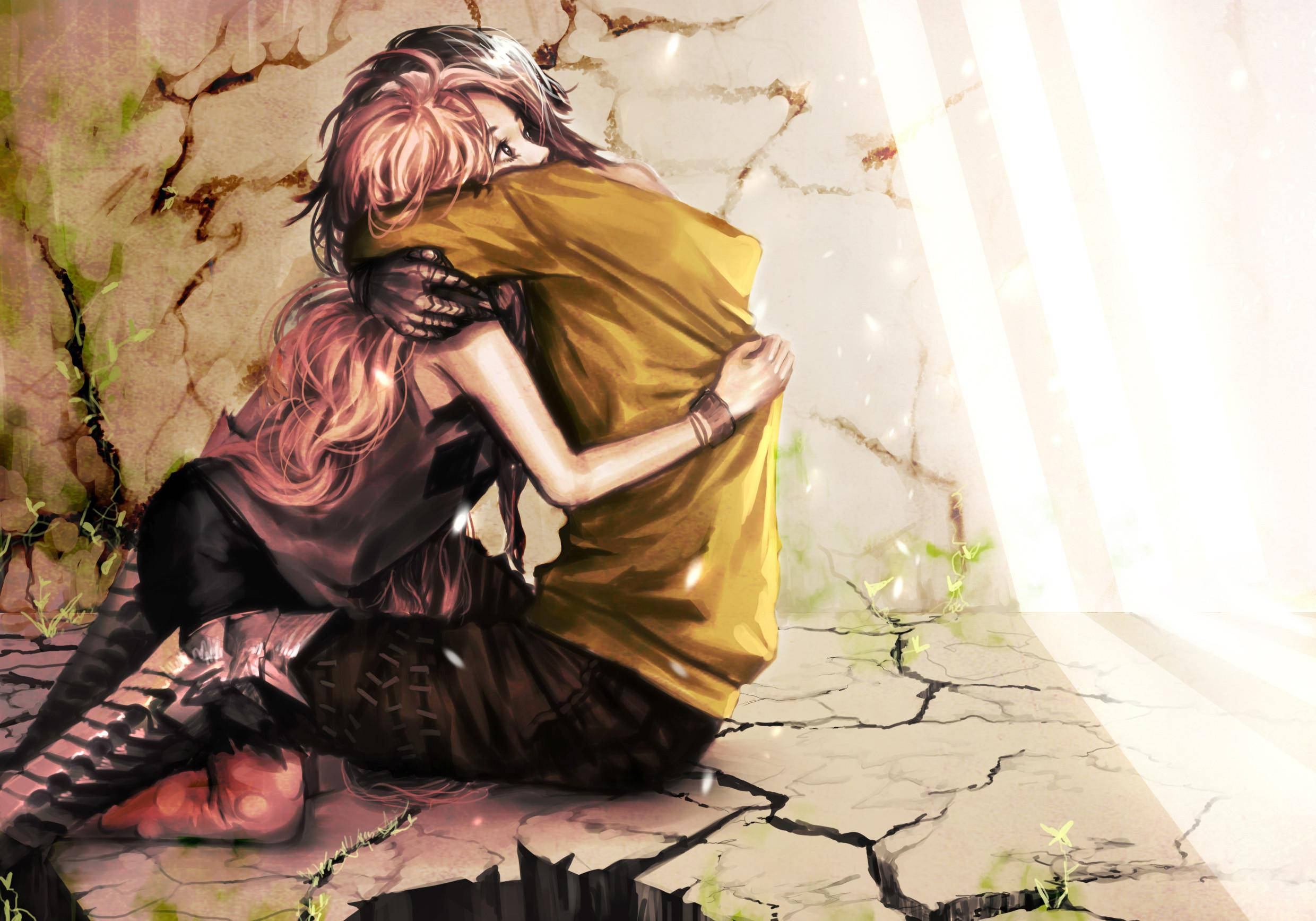 Cặp đôi anime ôm nhau tóc hồng Hình nền