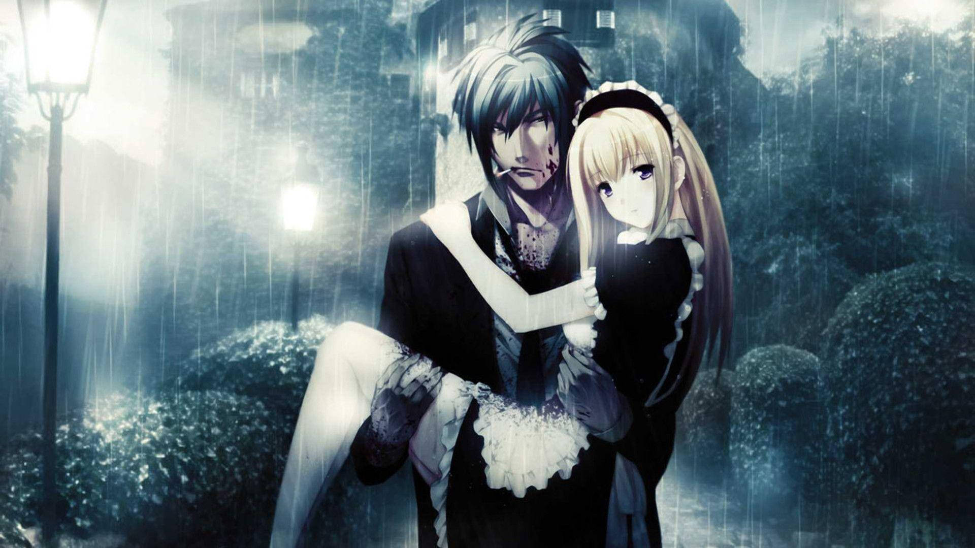 Cặp đôi anime ôm nhau trong ngày mưa Hình nền