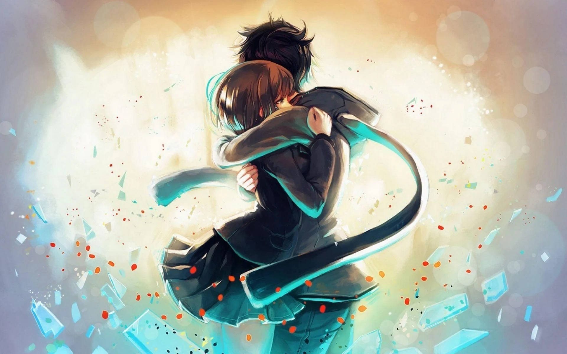Cặp đôi ôm nhau trong anime xanh Hình nền
