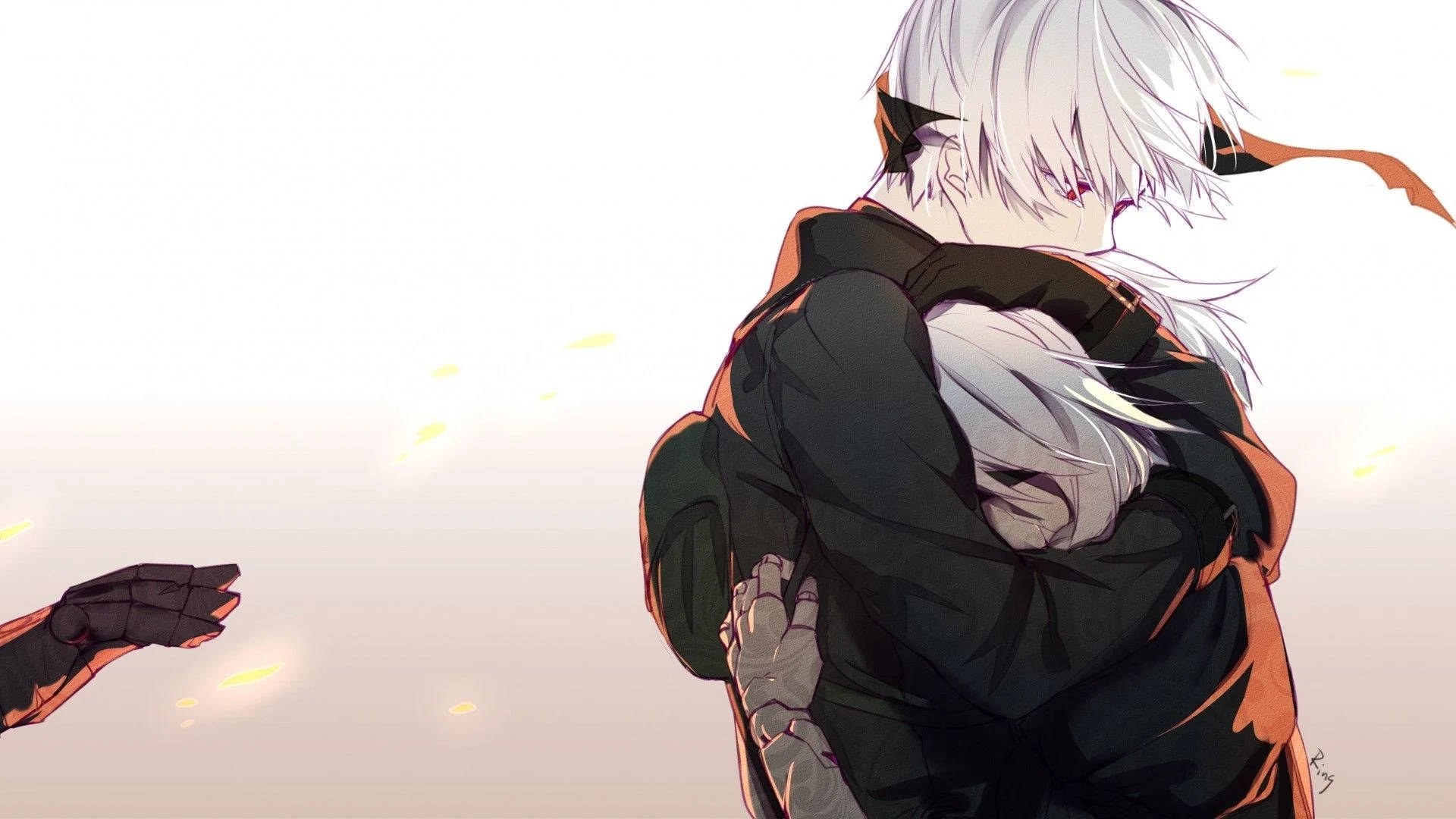 Cặp đôi tóc trắng ôm nhau trong phong cách anime Hình nền