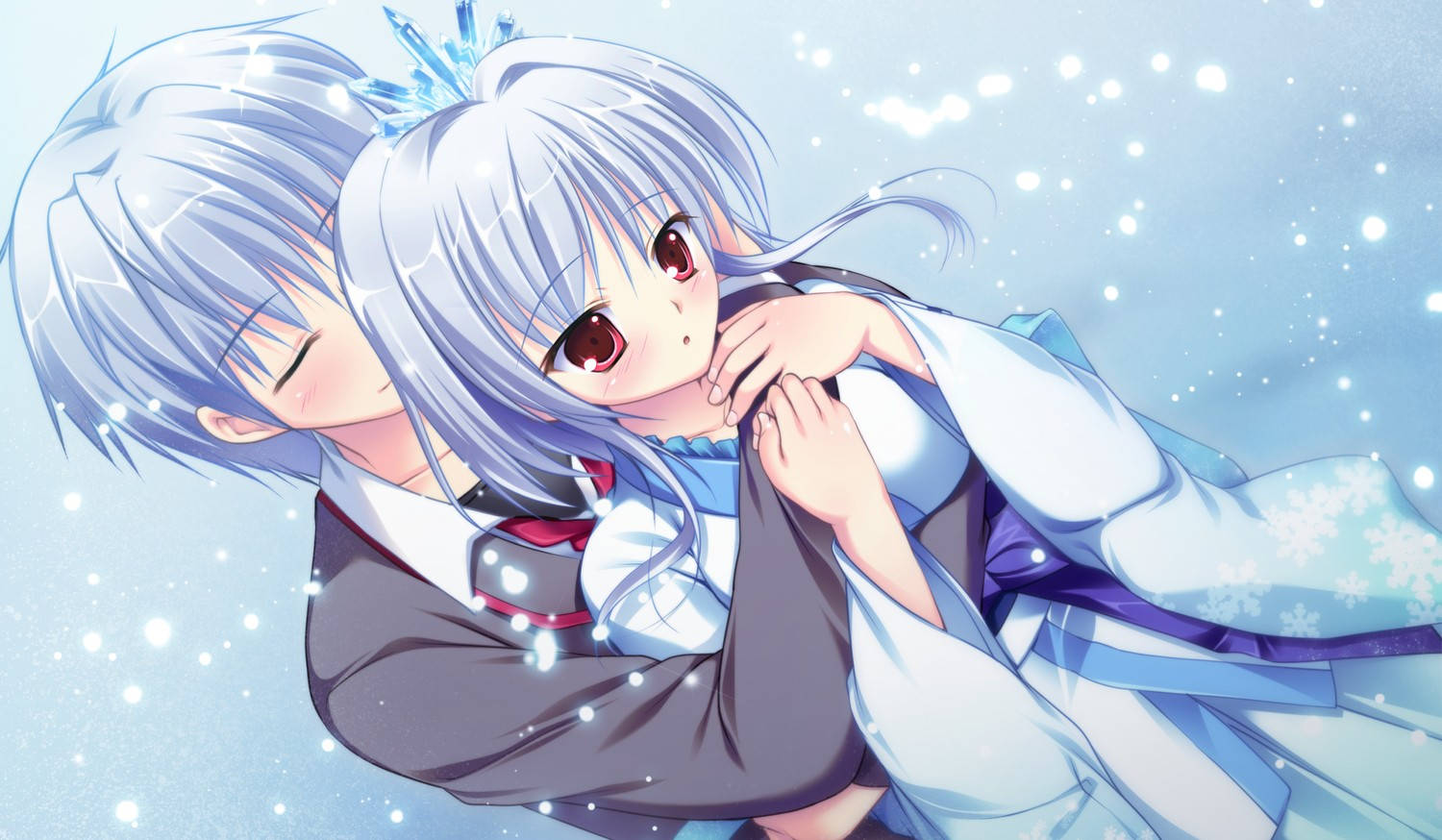 Cặp đôi tóc xanh ôm nhau trong anime Hình nền