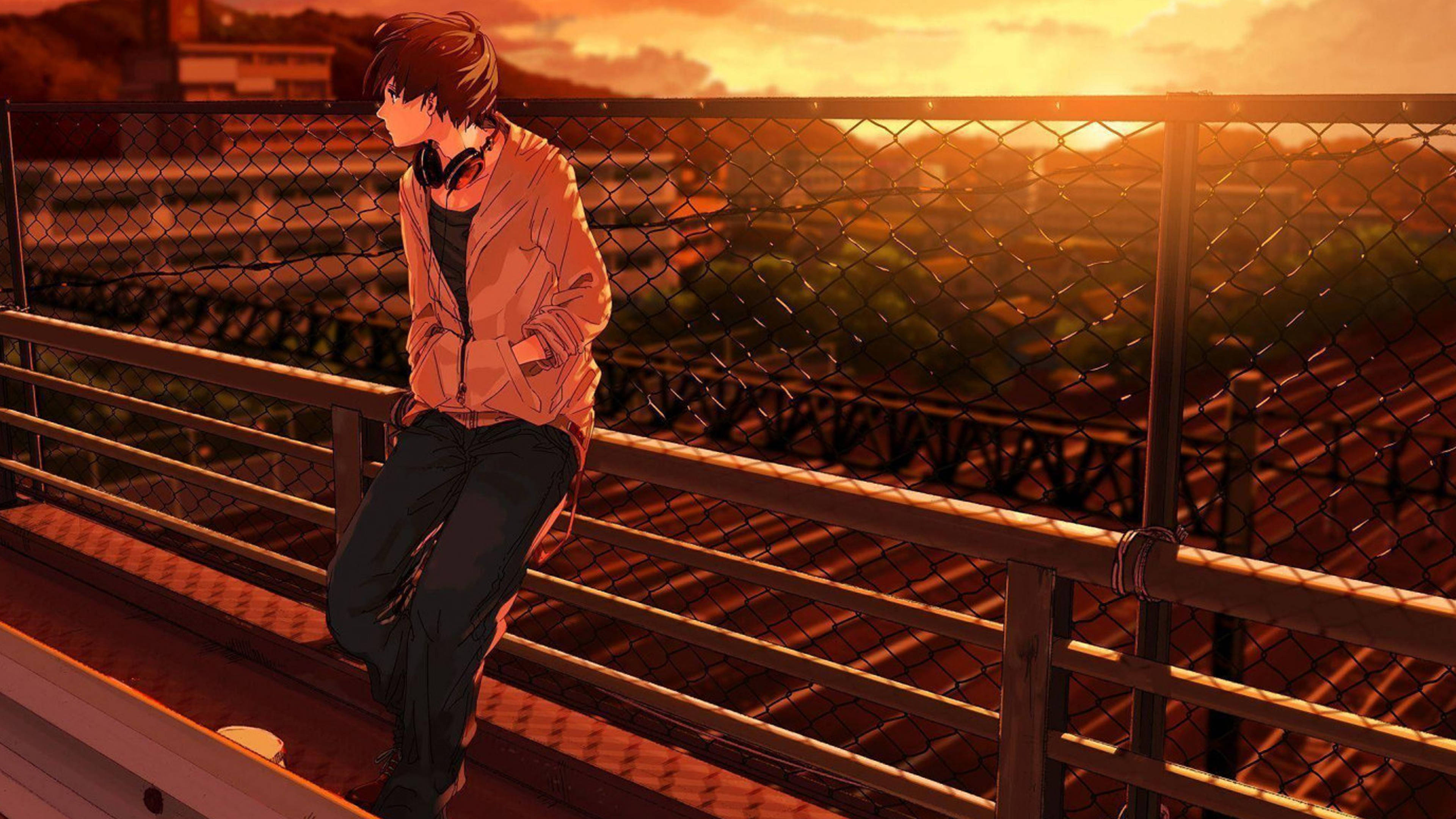 Cậu bé Anime Buồn Đeo Tai Nghe 4K Hình nền