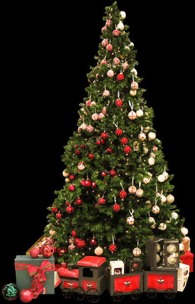 Cây thông Noel trang trí với bộ tàu hỏa Hình nền