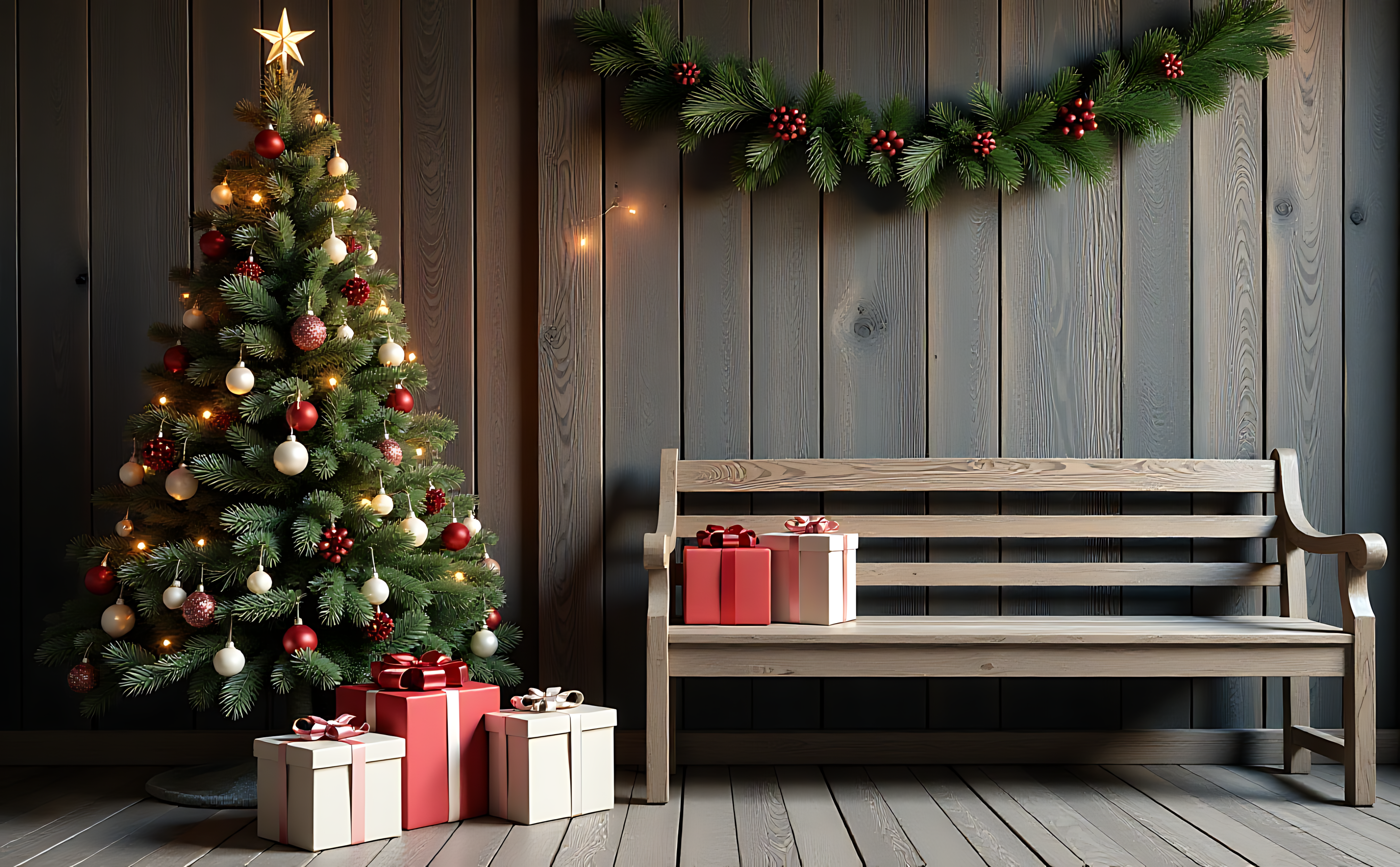 Cây thông Noel và ghế dài ấm cúng với quà tặng Hình nền