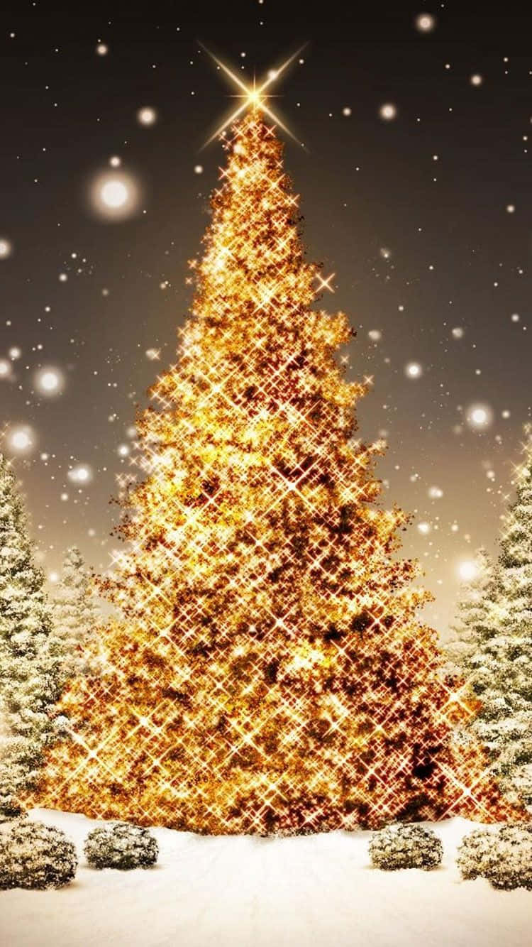 Cây thông Noel vàng trên nền tuyết cho iPhone Hình nền
