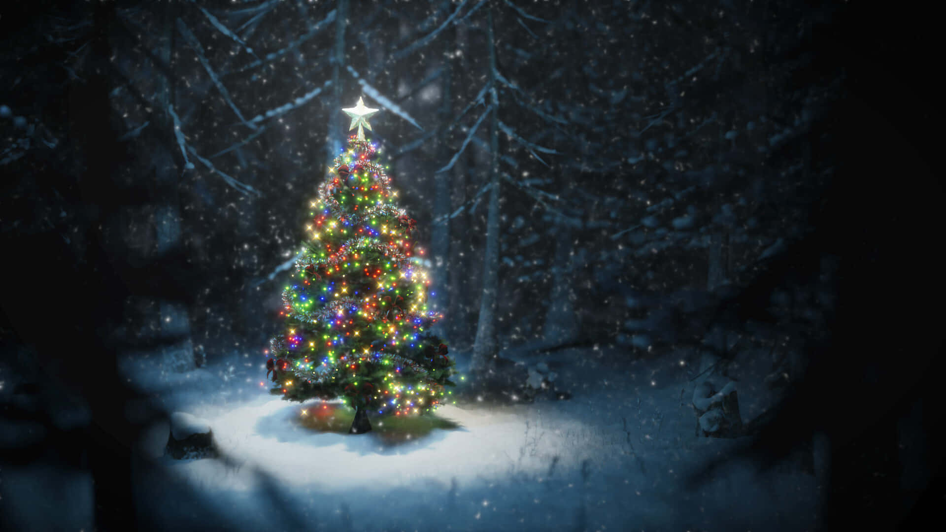 Cây thông Noel với đồ trang trí và đèn Hình nền