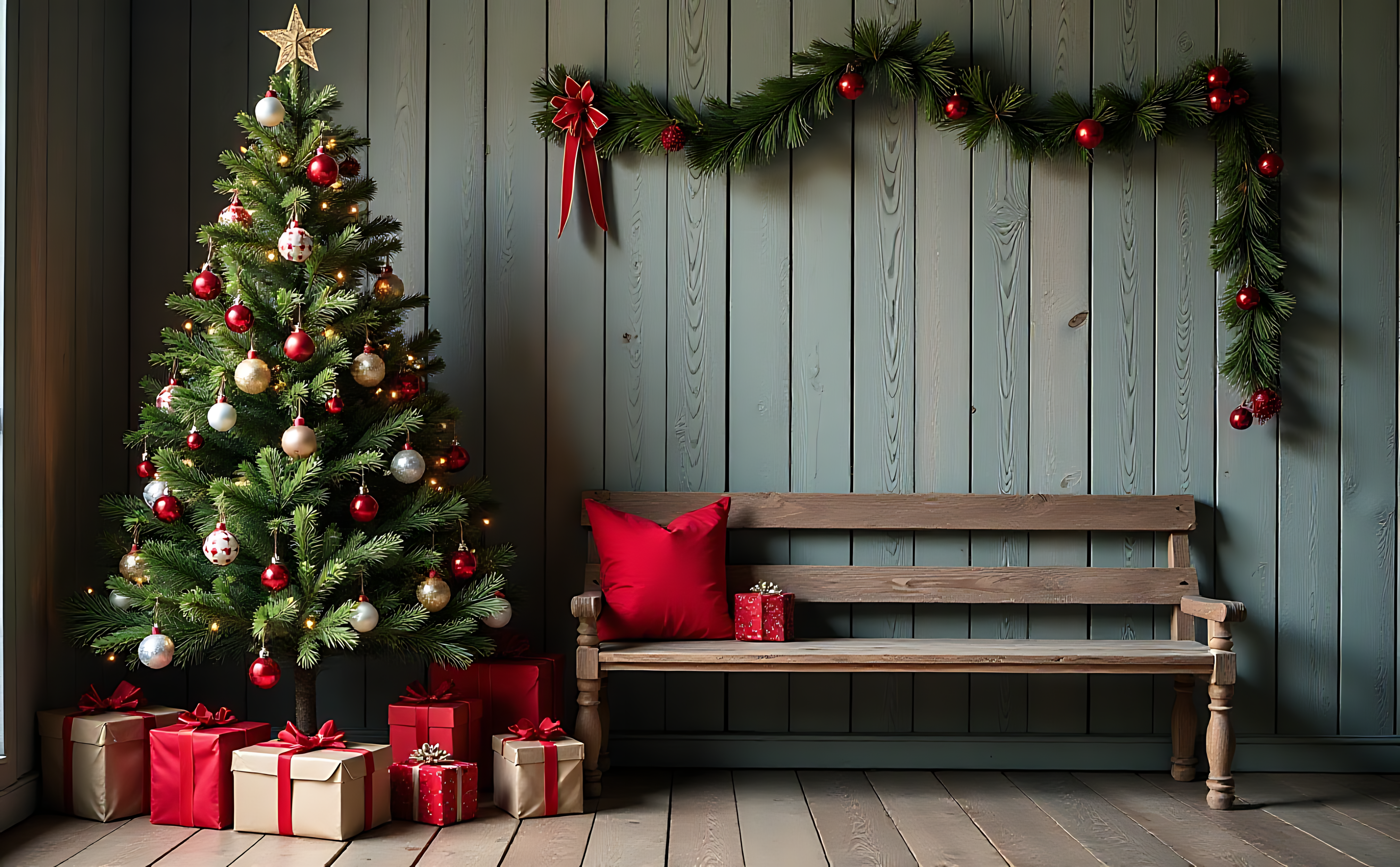 Cây thông Noel với quà và tường gỗ Hình nền