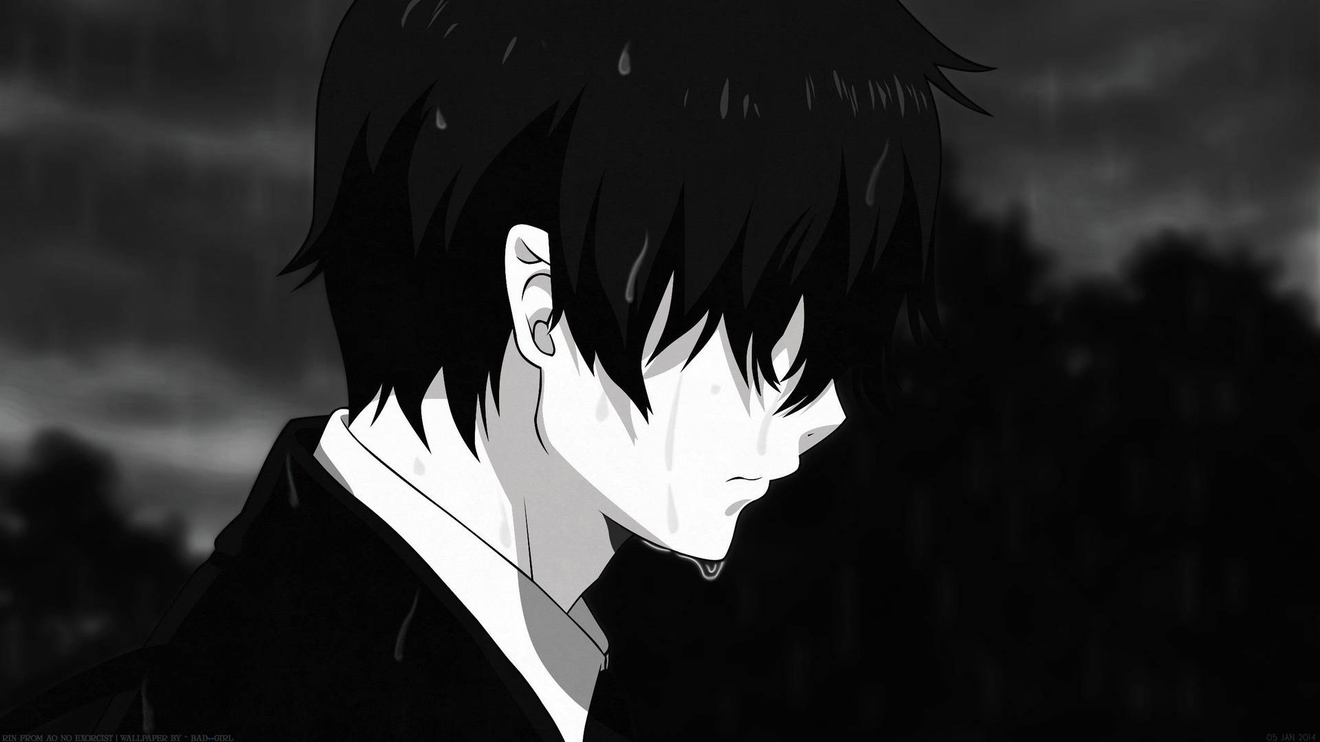 Hình nền chàng trai anime khóc dưới mưa