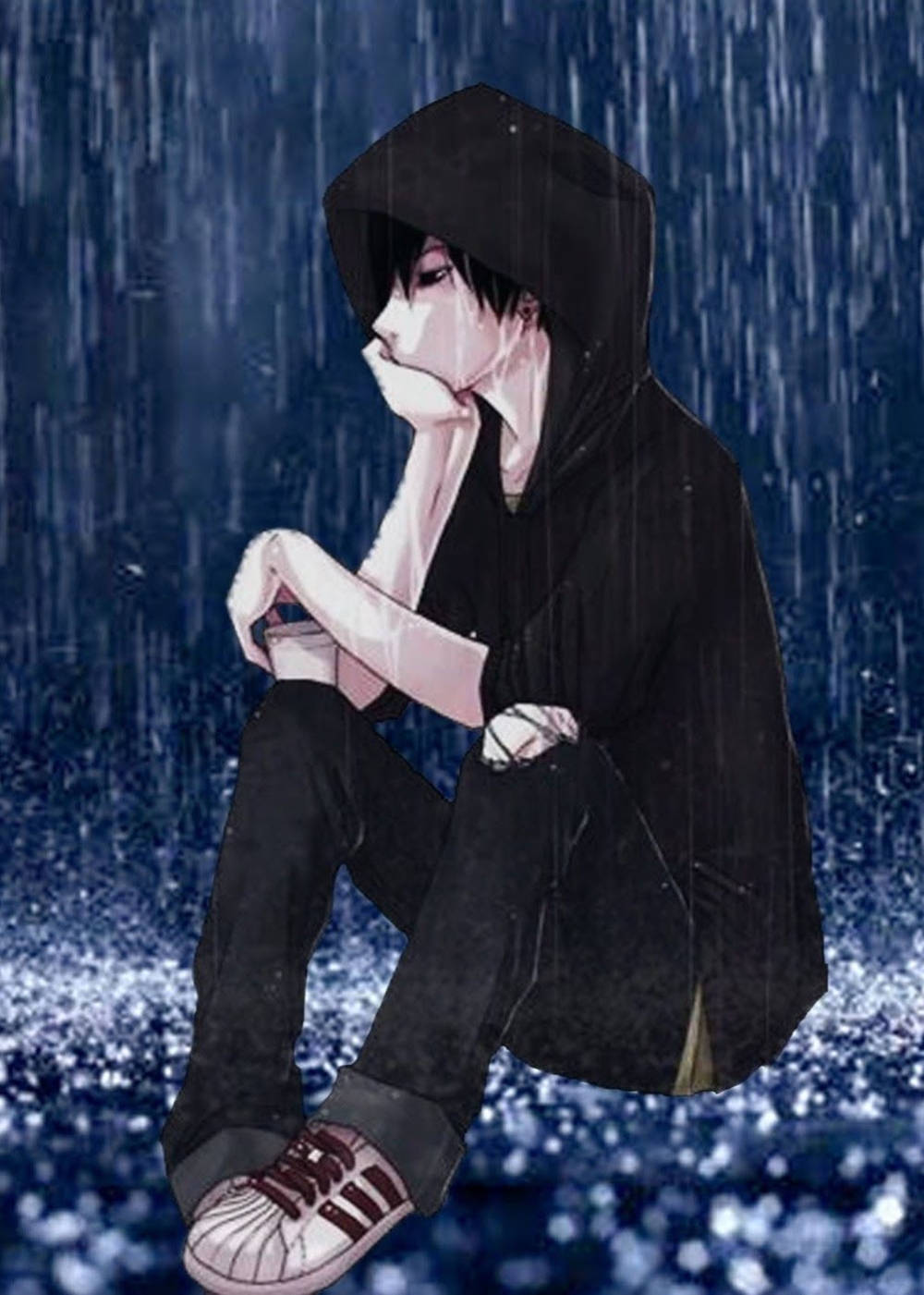 Chàng Trai Anime Cô Đơn Buồn Bã Trong Áo Hoodie Đen Hình nền