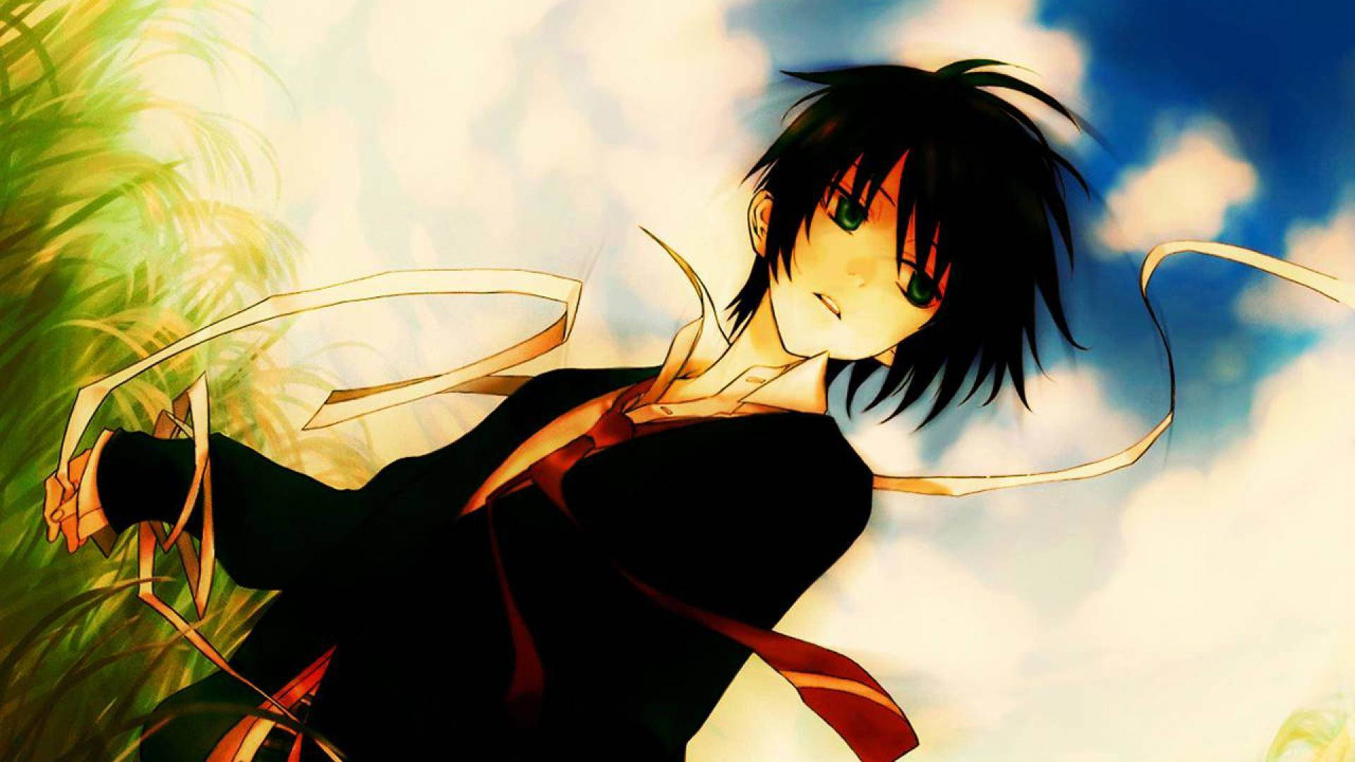 Hình nền chàng trai anime đáng yêu trên cánh đồng cỏ