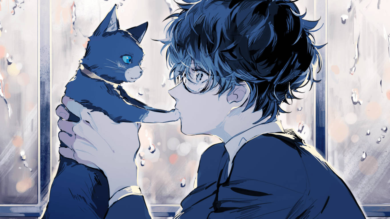 Chàng Trai Anime Điển Trai Akira Cùng Chú Mèo Hình nền