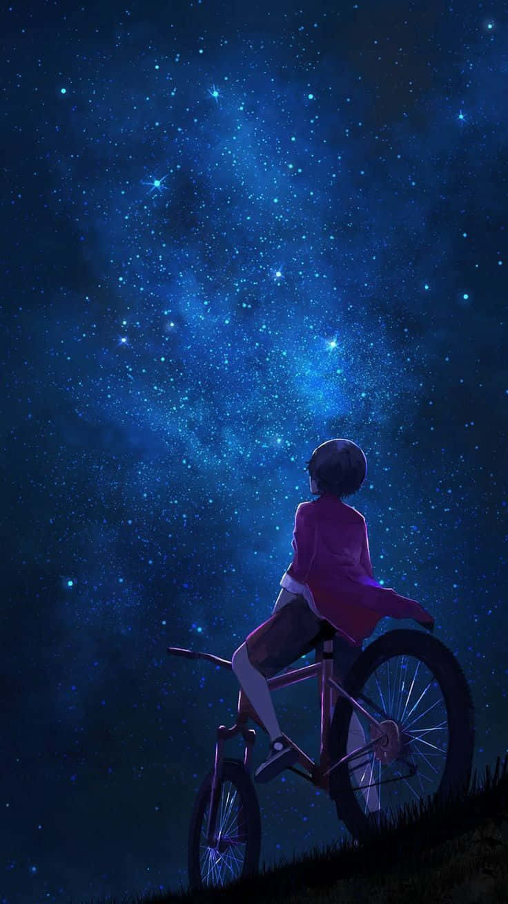 Chàng trai xe đạp đỏ ngước nhìn bầu trời anime về đêm Hình nền