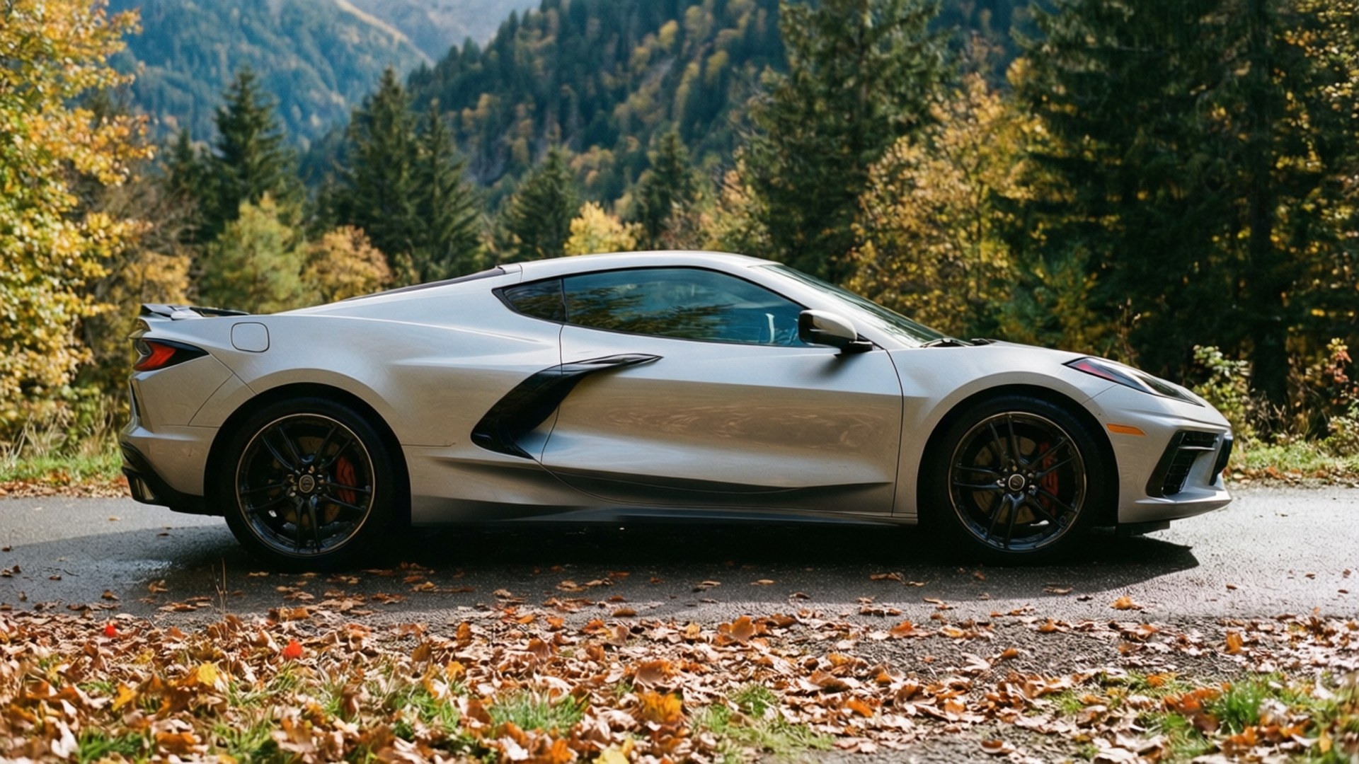 Xe Chevrolet Corvette C8 trên đường núi trong khung cảnh mùa thu.