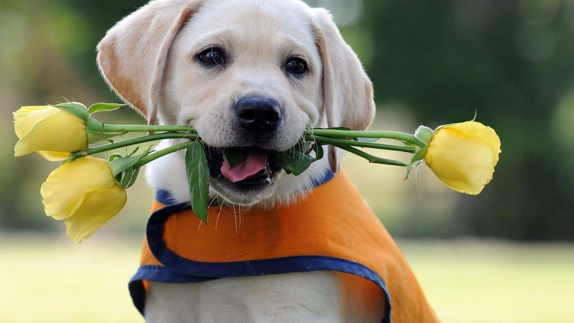 Chó Labrador con với hoa hồng vàng Hình nền