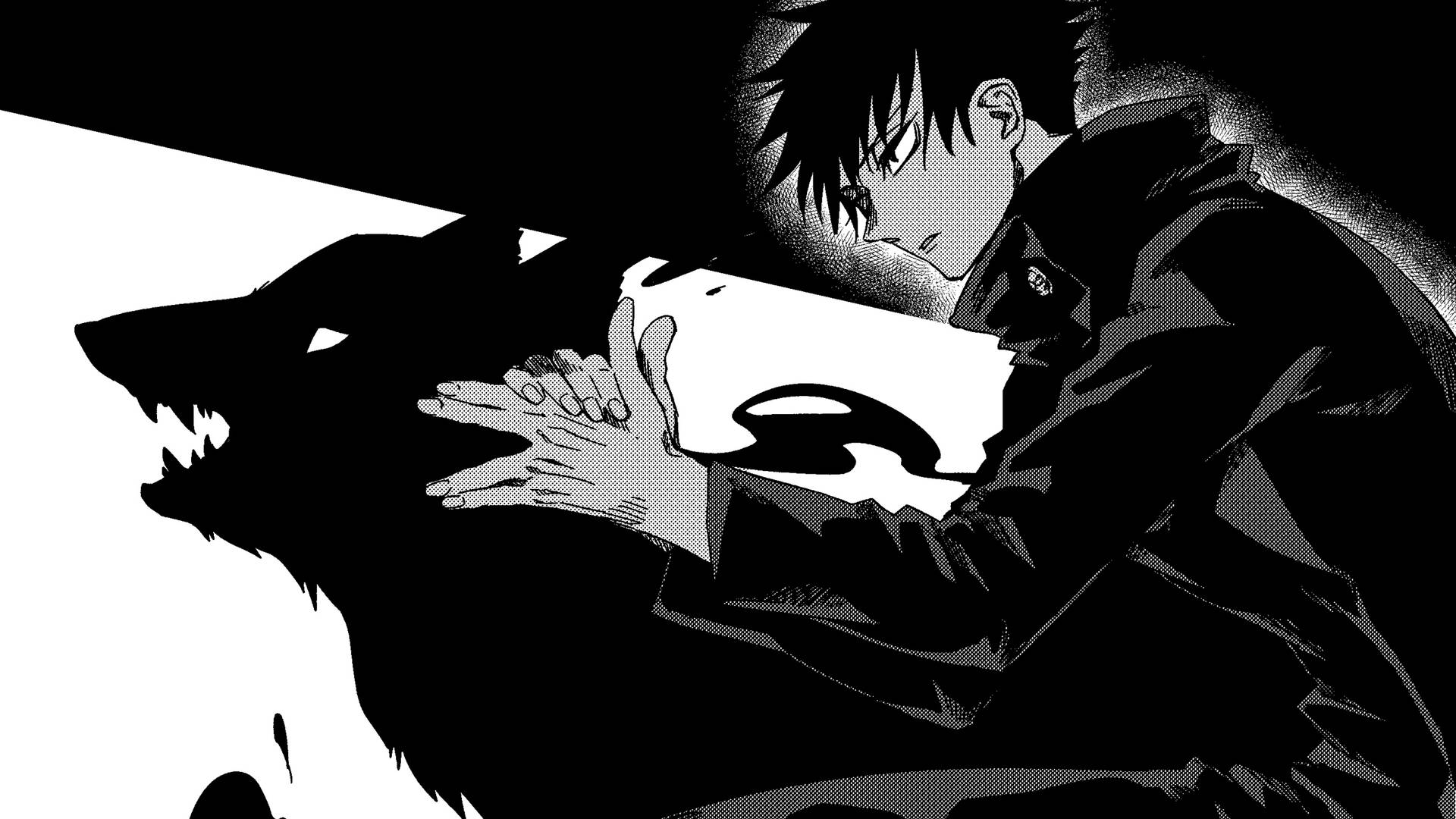 Hình nền Jujutsu Kaisen về Fushiguro sử dụng kỹ thuật bị nguyền rủa Chó thần. — Jujutsu Kaisen Hình nền