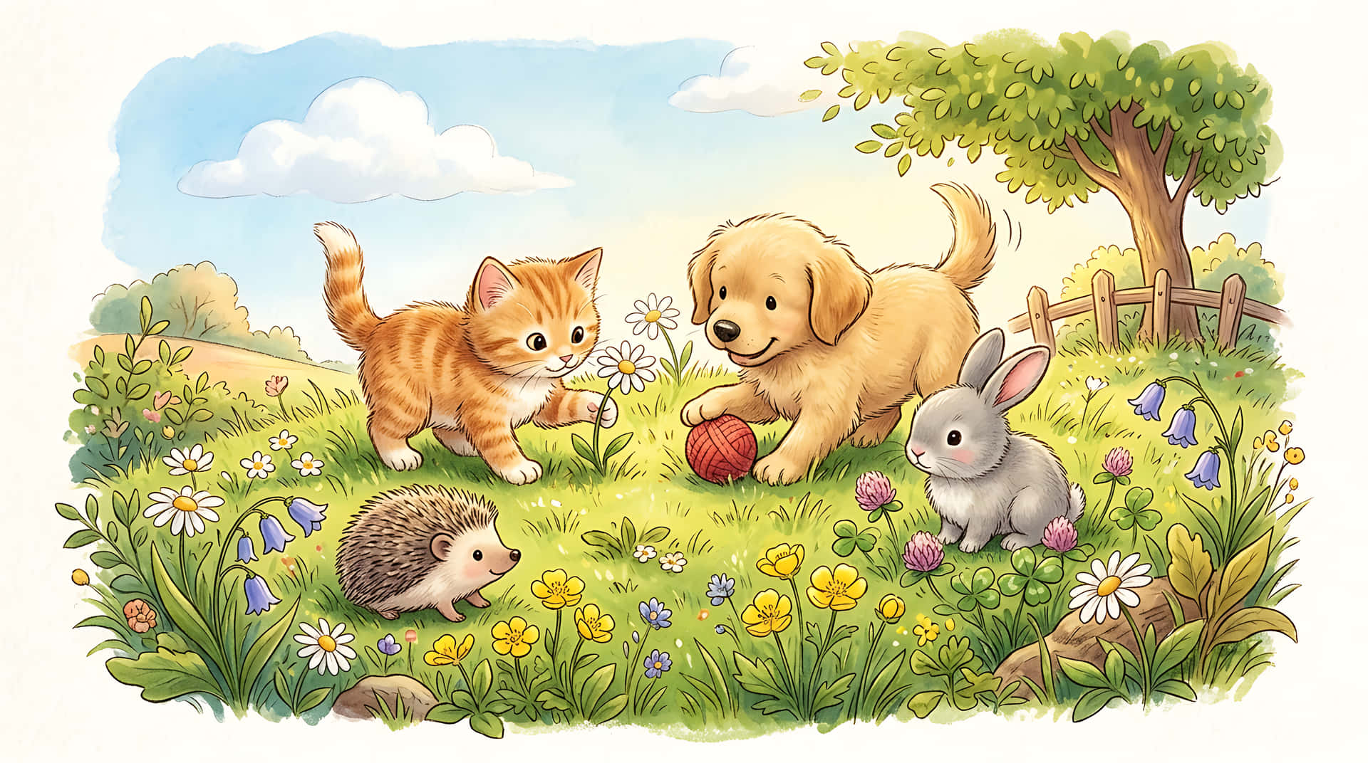 chó con,mèo con,thỏ,nhím,động vật,đồng cỏ,hoa,mùa xuân,mùa hè,thiên nhiên,ngoài trời,màu nước,tranh minh họa,dễ thương,kawaii,trẻ em,phòng trẻ em,cổ tích,truyện tranh,ngọt ngào