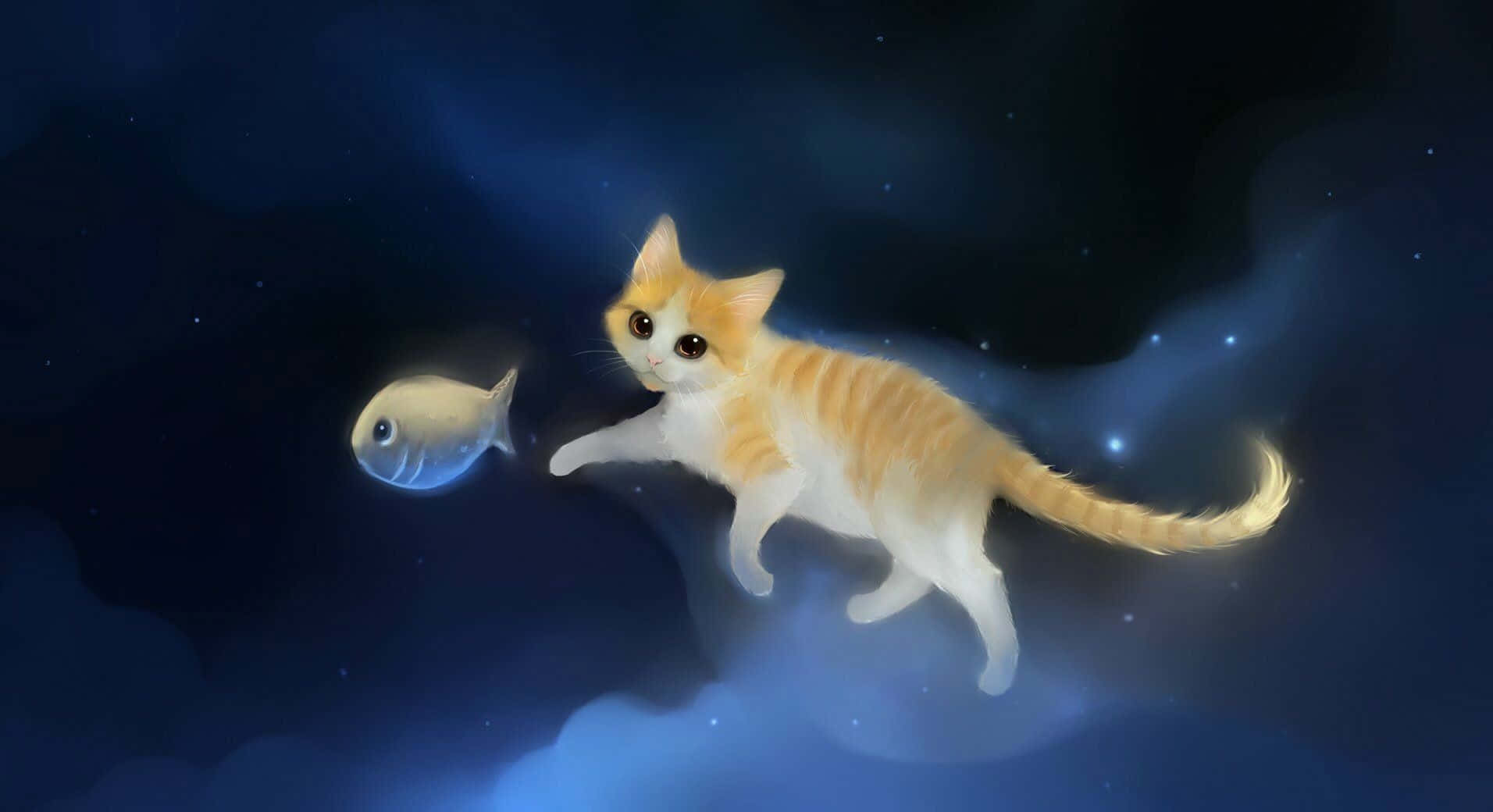 Chú mèo anime đáng yêu đang chơi đùa với bướm Hình nền