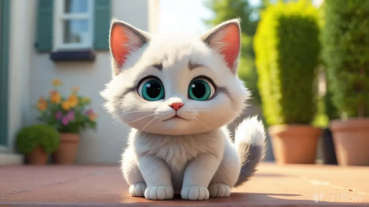 Chú Mèo Con Mắt To Dễ Thương Ngồi Ngoài Trời – Mèo Phong Cách 3D Đáng Yêu Hình nền