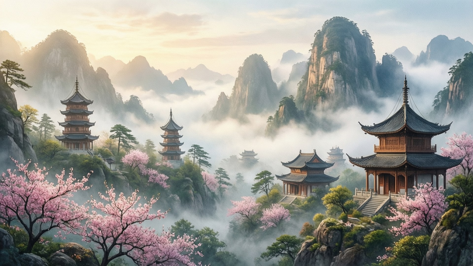 Chùa Trên Núi Sương Mù Hình nền