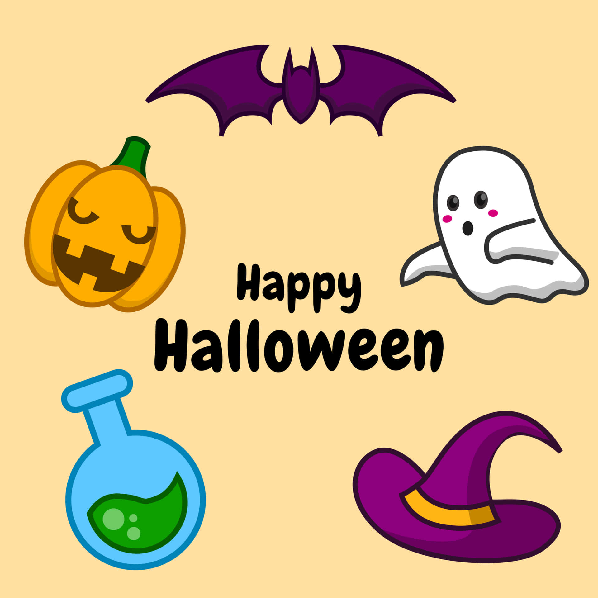 Chúc mừng Halloween với hình ảnh con dơi, phù thủy, con dơi và lọ thuốc Hình nền