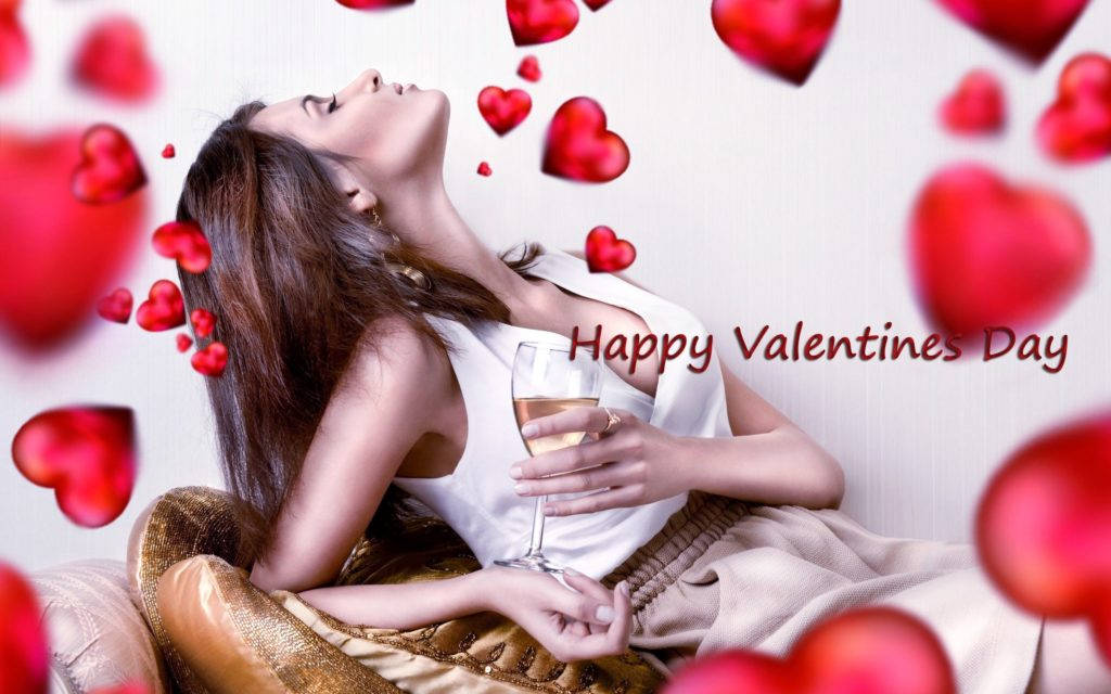 Chúc Mừng Ngày Valentine Cô Gái Với Ly Rượu Hình nền