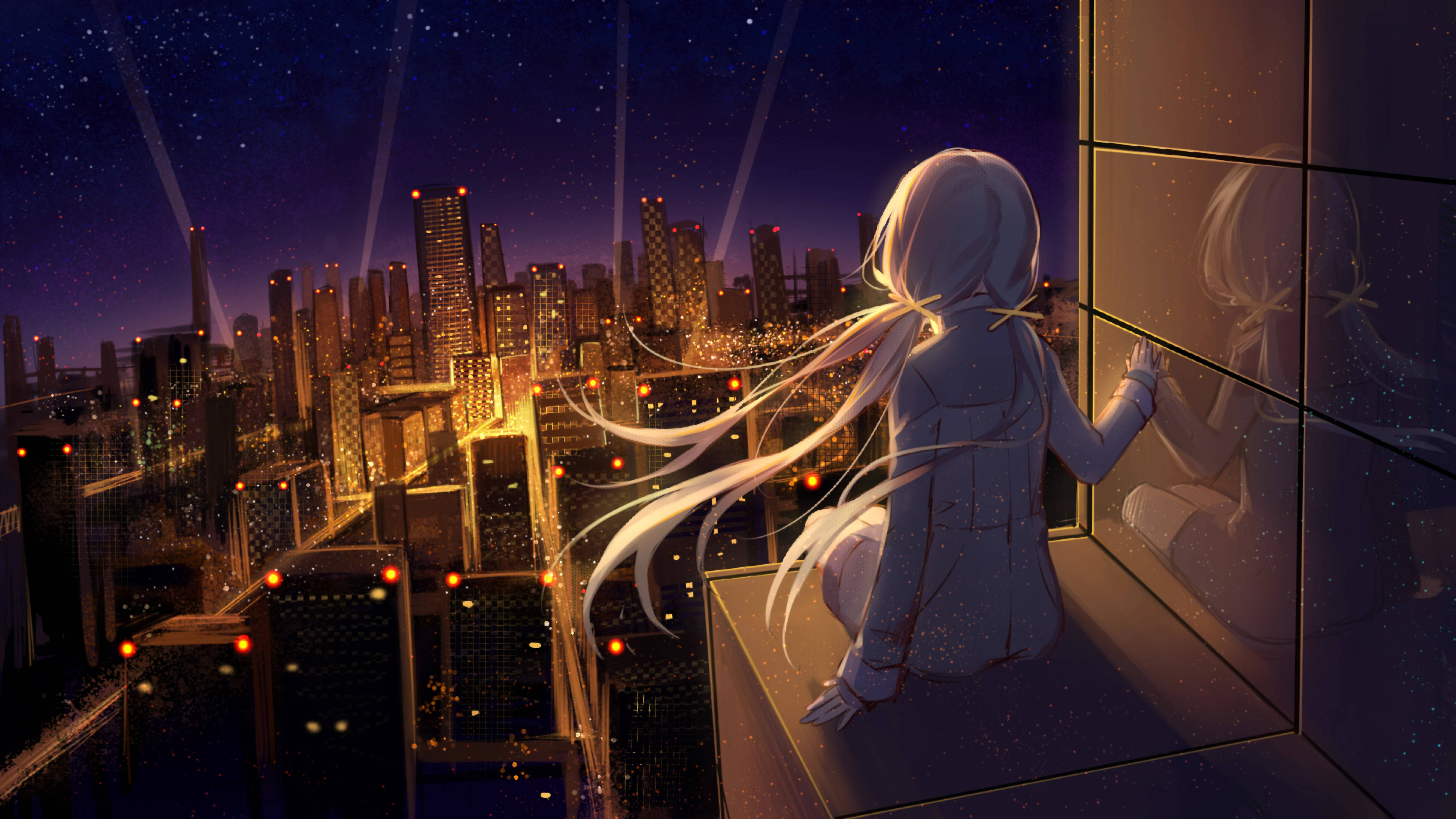 Cô gái Anime 8K nhìn xuống thành phố Hình nền
