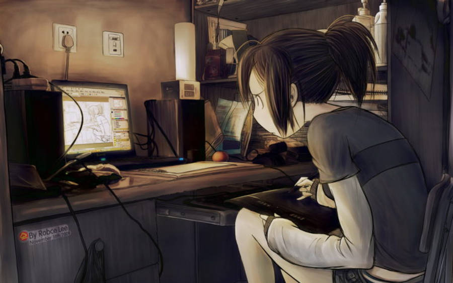 Cô gái anime bối rối trước laptop Hình nền