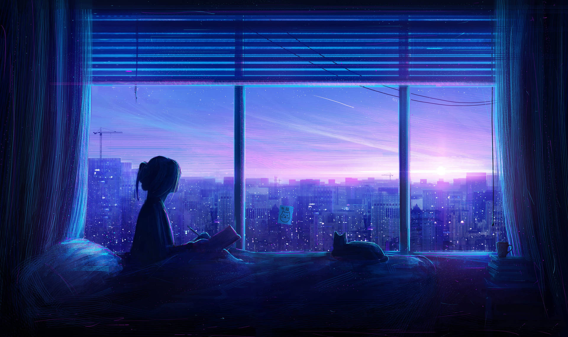 Cô gái anime bóng hình xanh và mèo phong cách thẩm mỹ