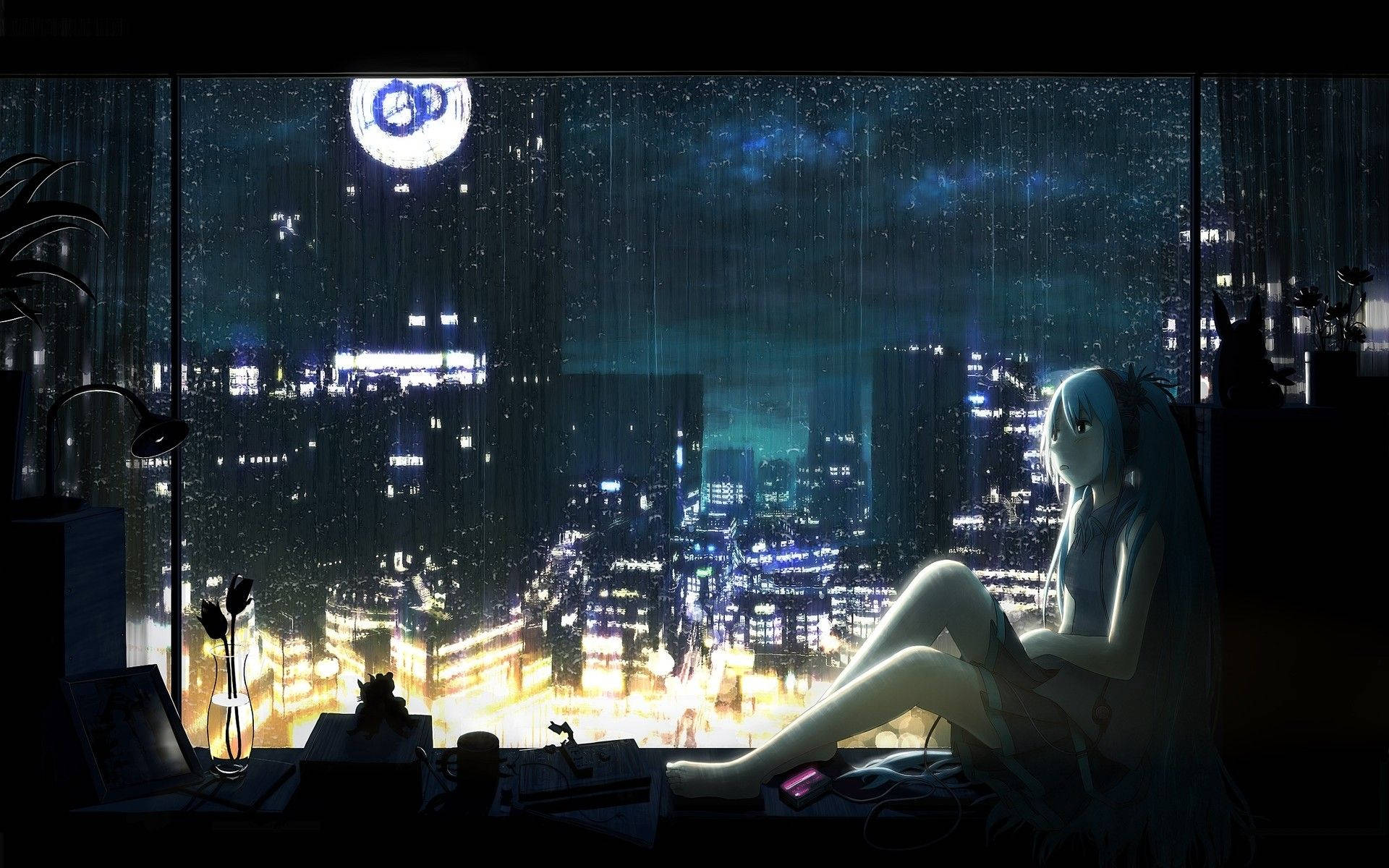 Cô Gái Anime Buồn Bên Cửa Sổ Hình nền