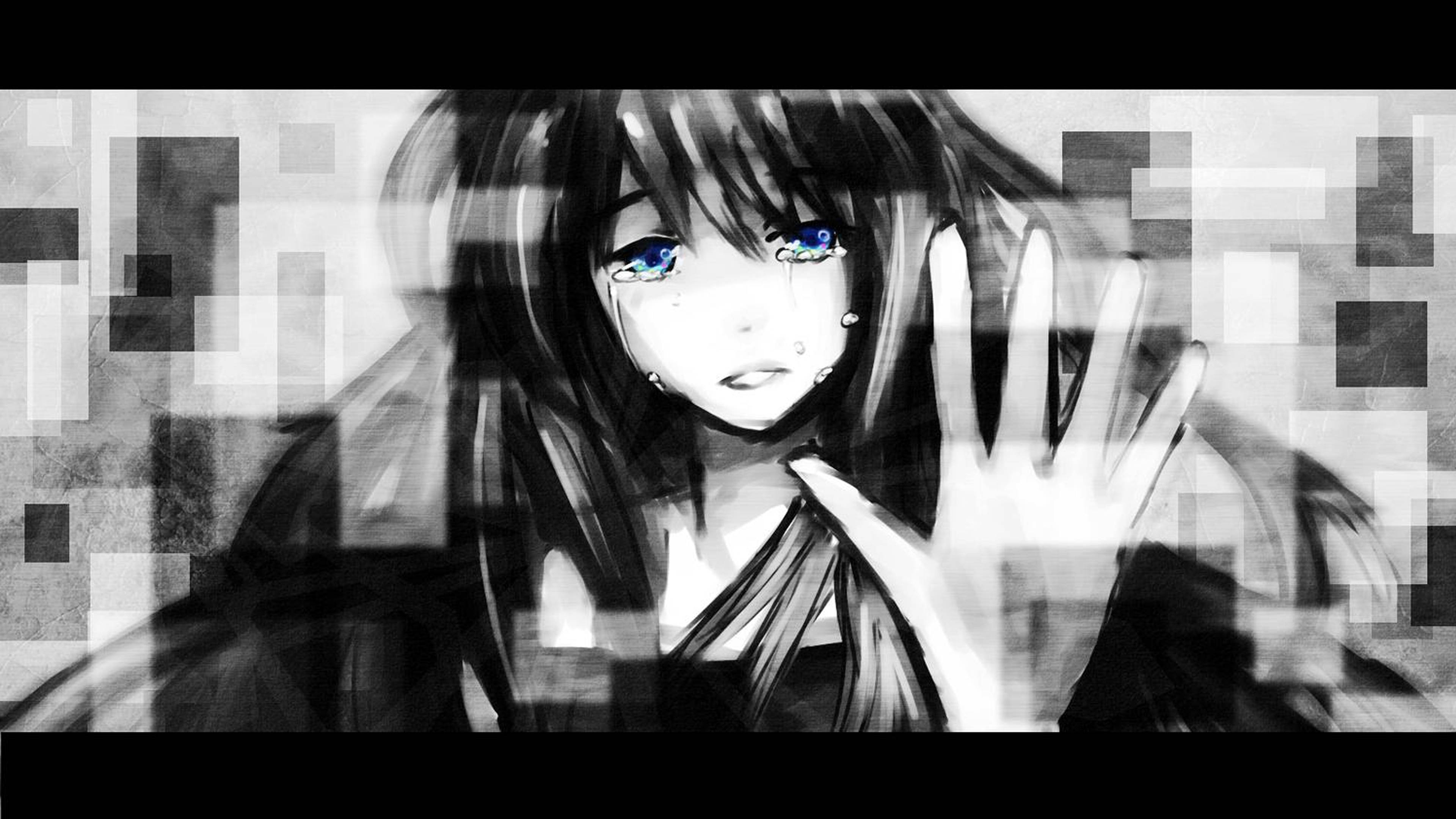 Cô gái anime buồn bã khóc và giơ tay 4K Hình nền