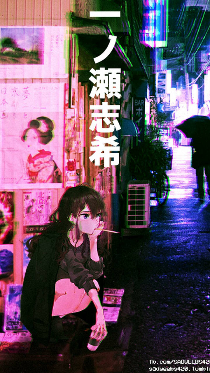 Cô gái anime buồn trong khung cảnh thành phố Nhật Bản Hình nền