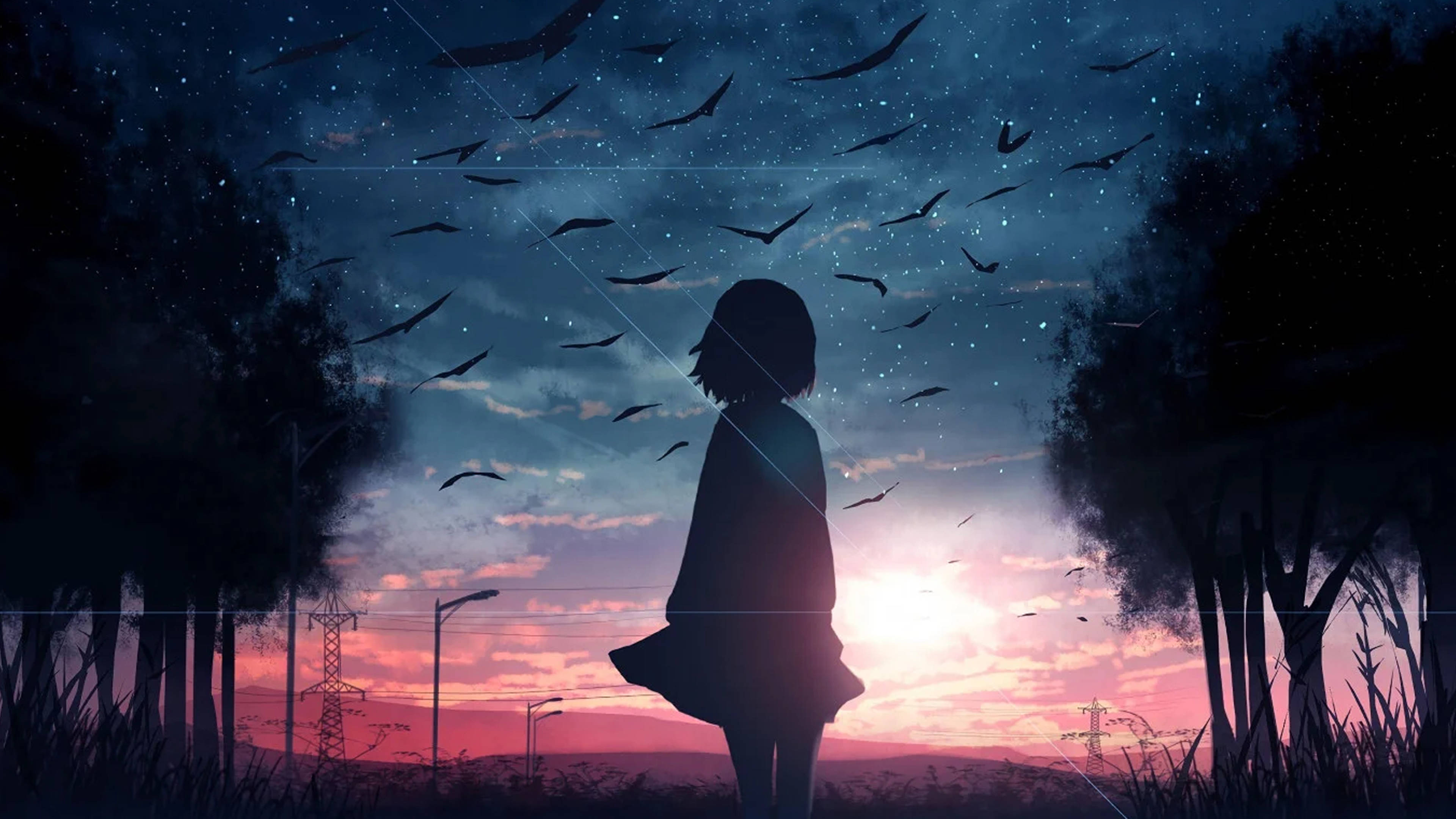 Cô gái Anime buồn 4K nhìn lên bầu trời Hình nền
