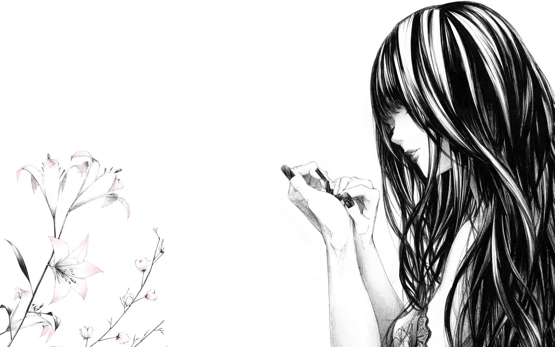 Cô gái anime buồn nhẹ nhàng đen trắng Hình nền