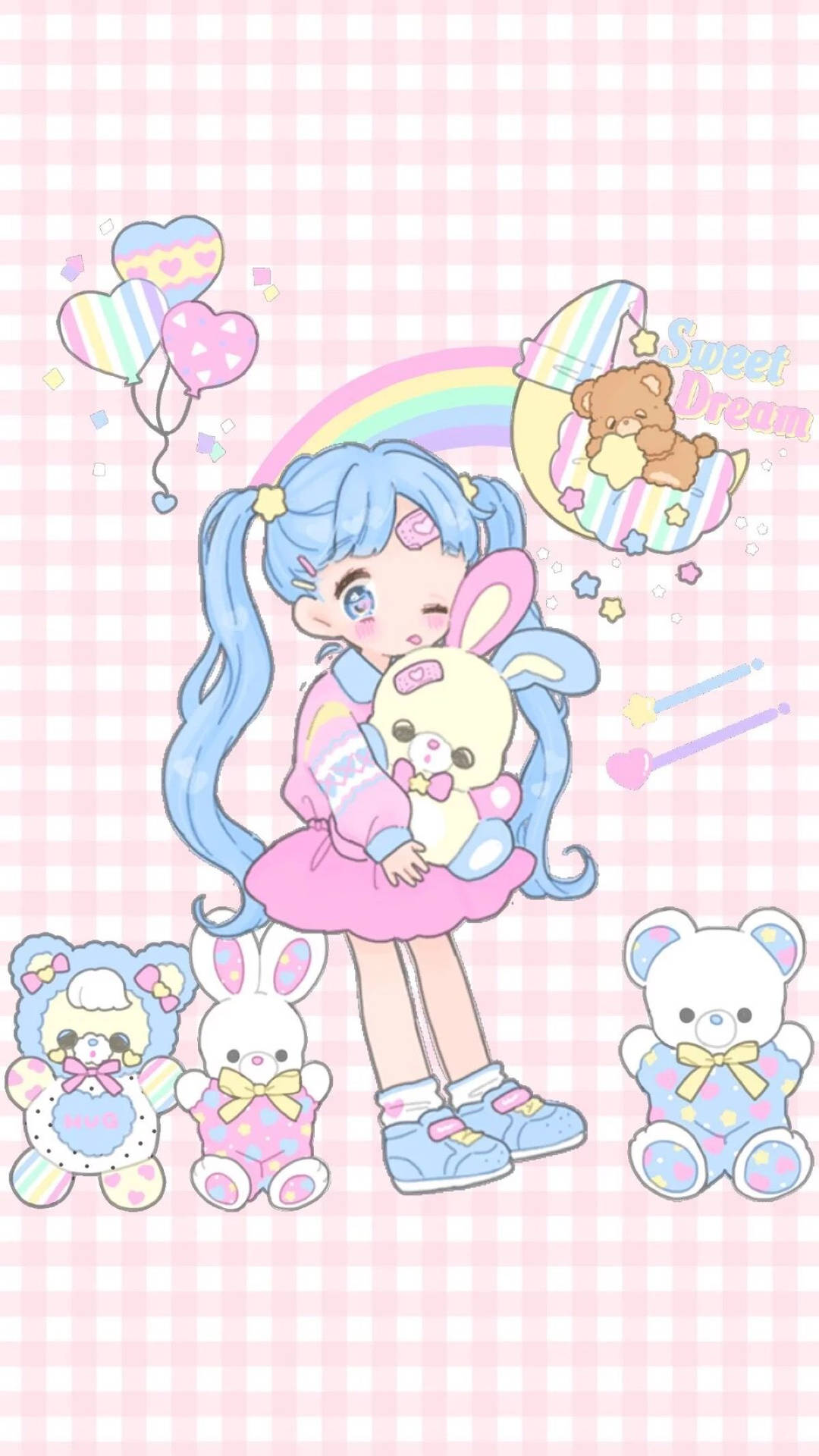 Hình nền cô gái anime cầu vồng kawaii.
