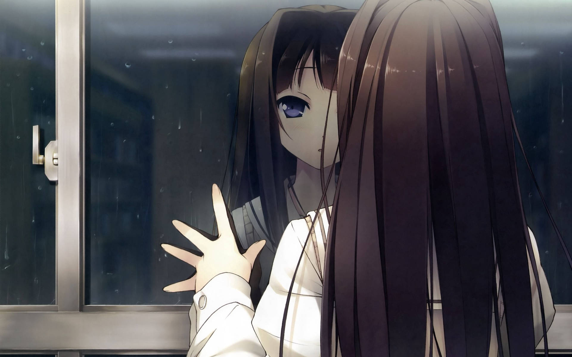 Hình nền cô gái anime tóc đen dài nhìn phản chiếu của mình trên cửa sổ