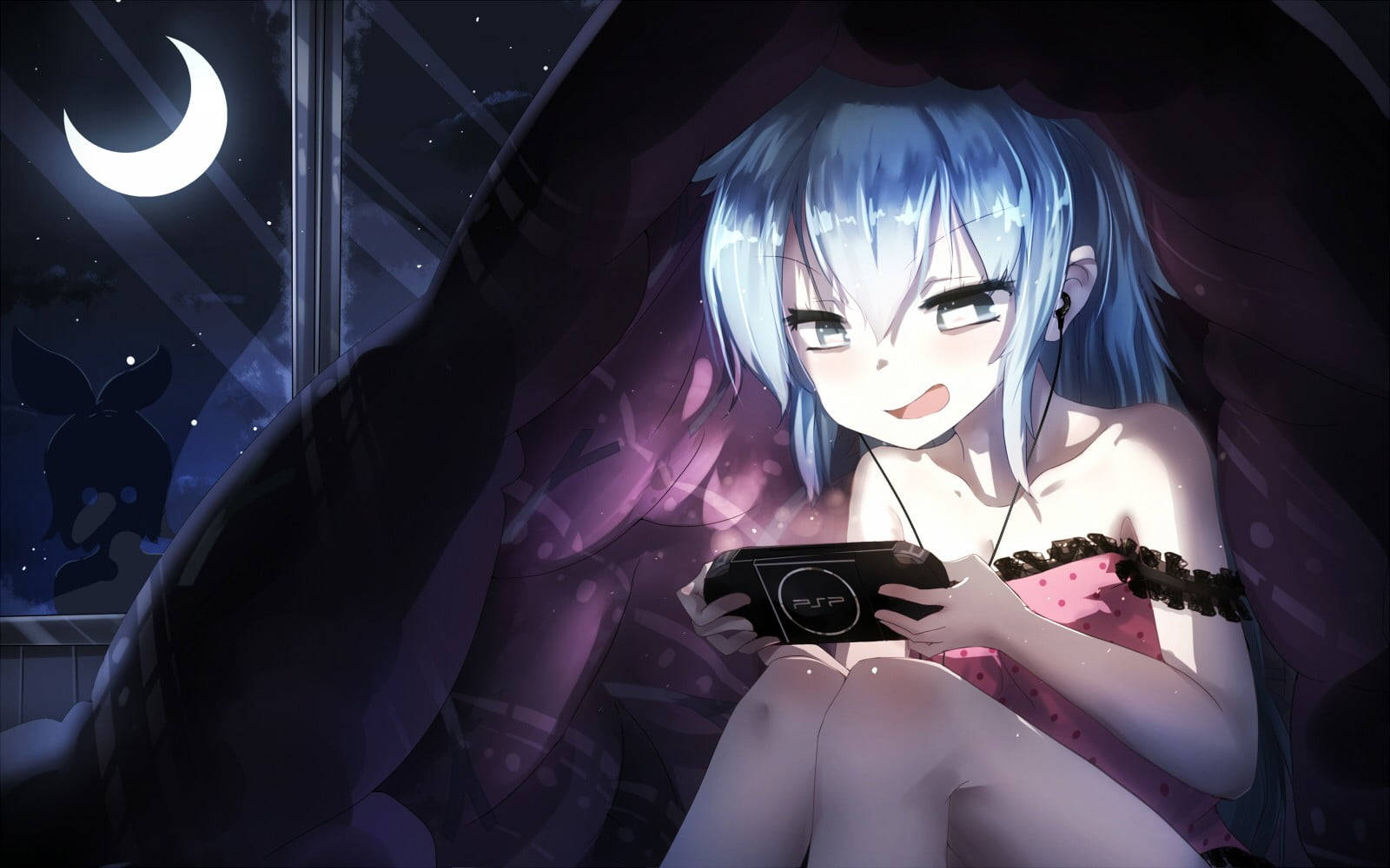 Cô gái anime chơi PSP vào ban đêm Hình nền