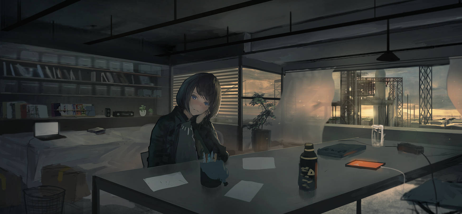 Cô gái anime cô đơn ngồi gục trên bàn máy tính Hình nền