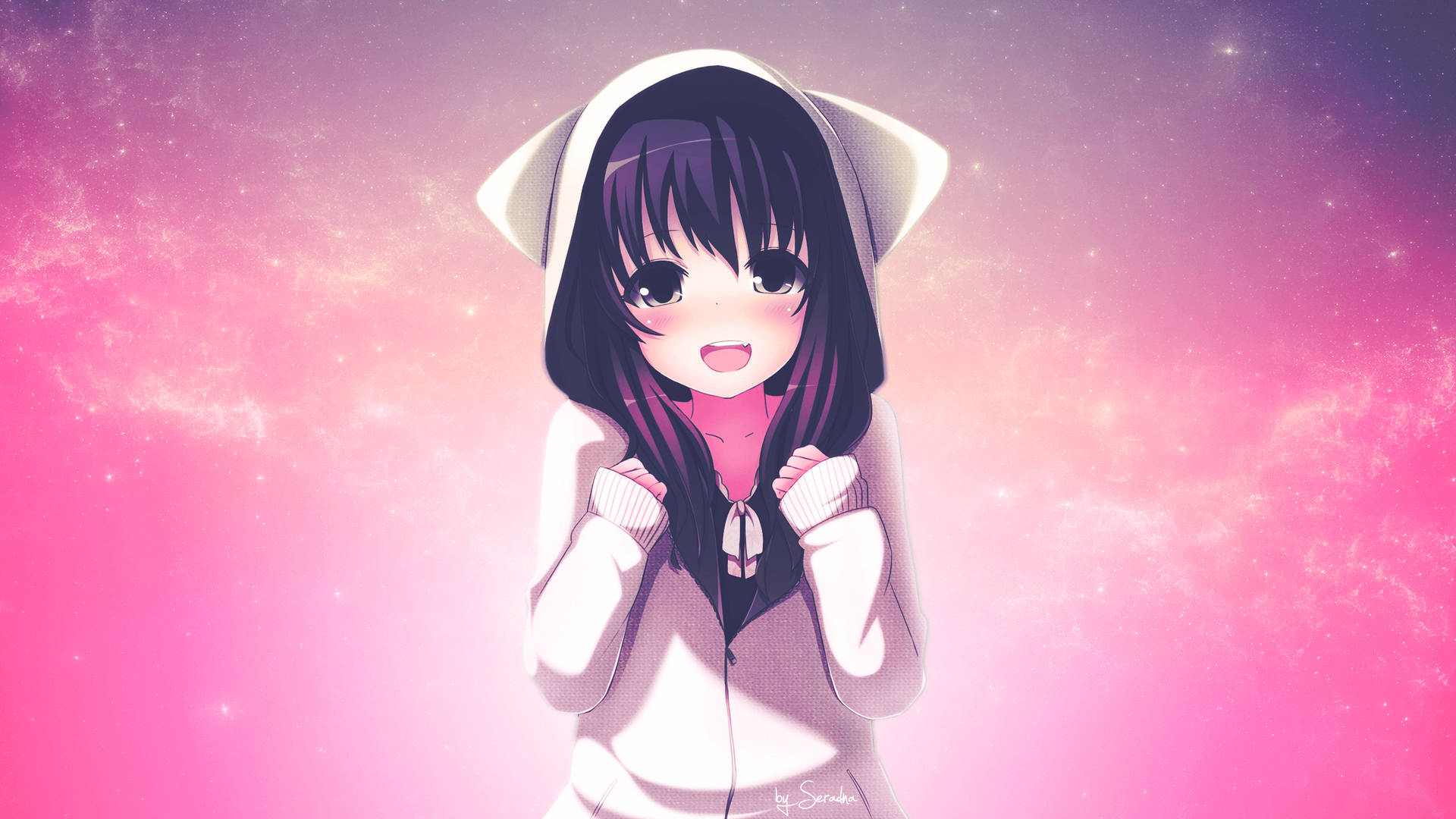 Hình nền cô gái anime dễ thương mặc áo khoác hoodie trắng