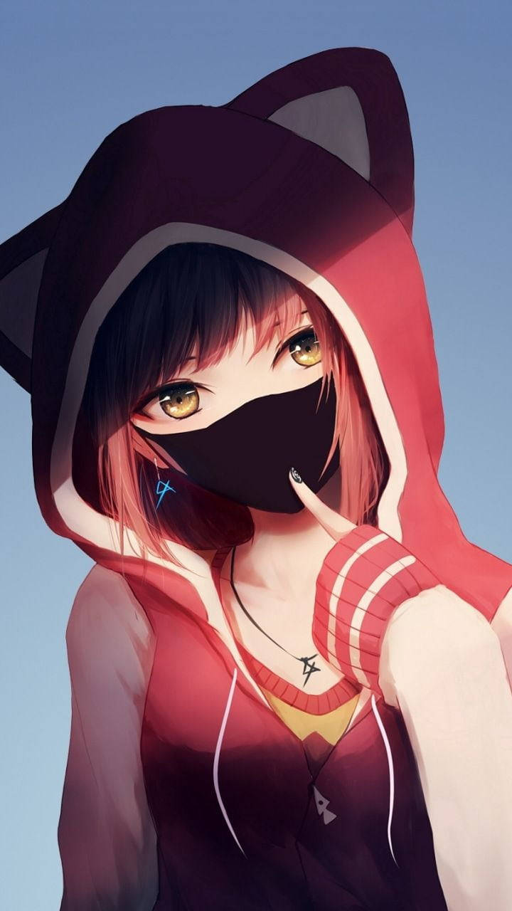 Cô Gái Anime Dễ Thương Che Mặt Bằng Ngón Tay Trỏ Cho iPhone Hình nền