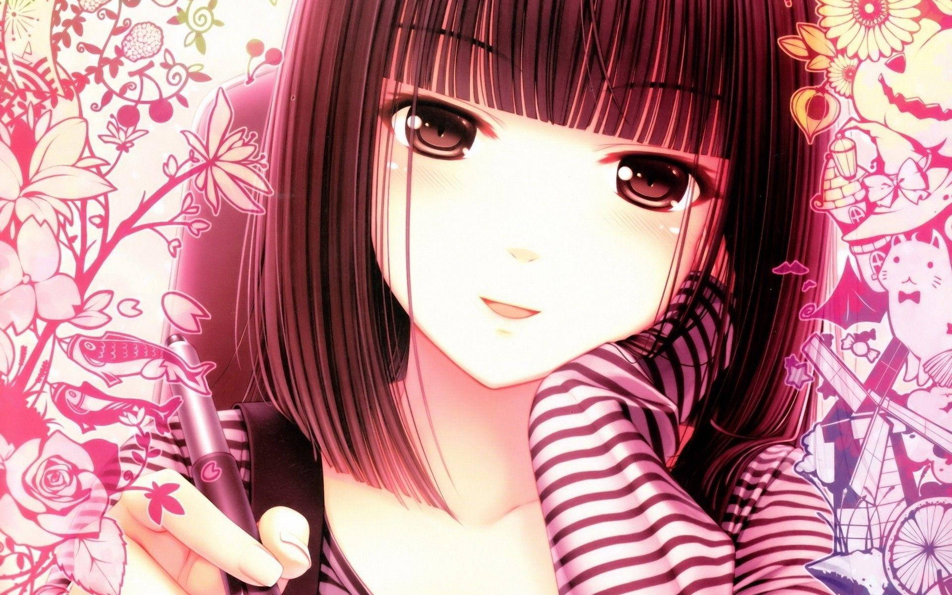 Cô gái anime dễ thương cầm bút với hình vẽ nguệch ngoạc Hình nền
