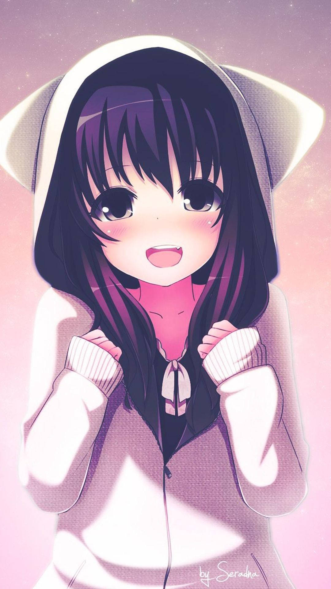 Cô gái anime dễ thương mặc áo hoodie mèo cho iPhone Hình nền