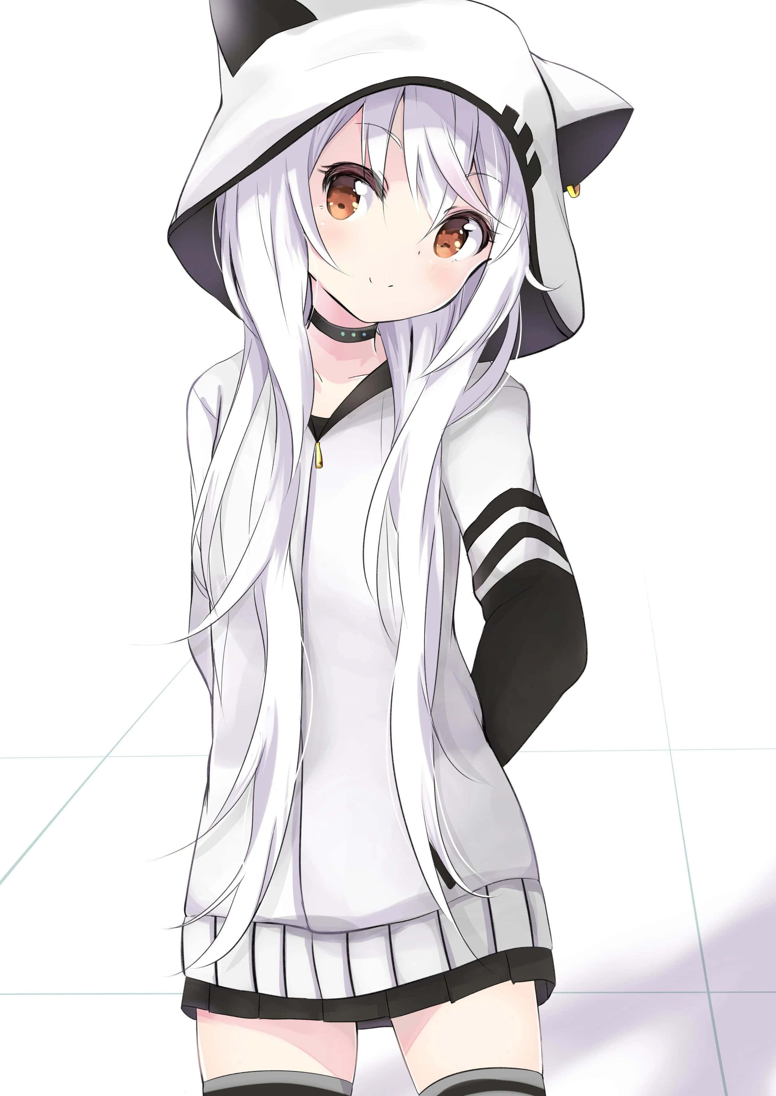 Cô gái anime dễ thương mặc áo khoác có mũ tận hưởng ngày đông nắng đẹp. Hình nền