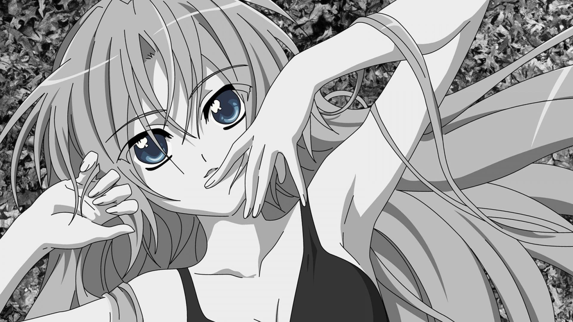 Cô gái anime dễ thương mắt xanh phong cách đen trắng Hình nền