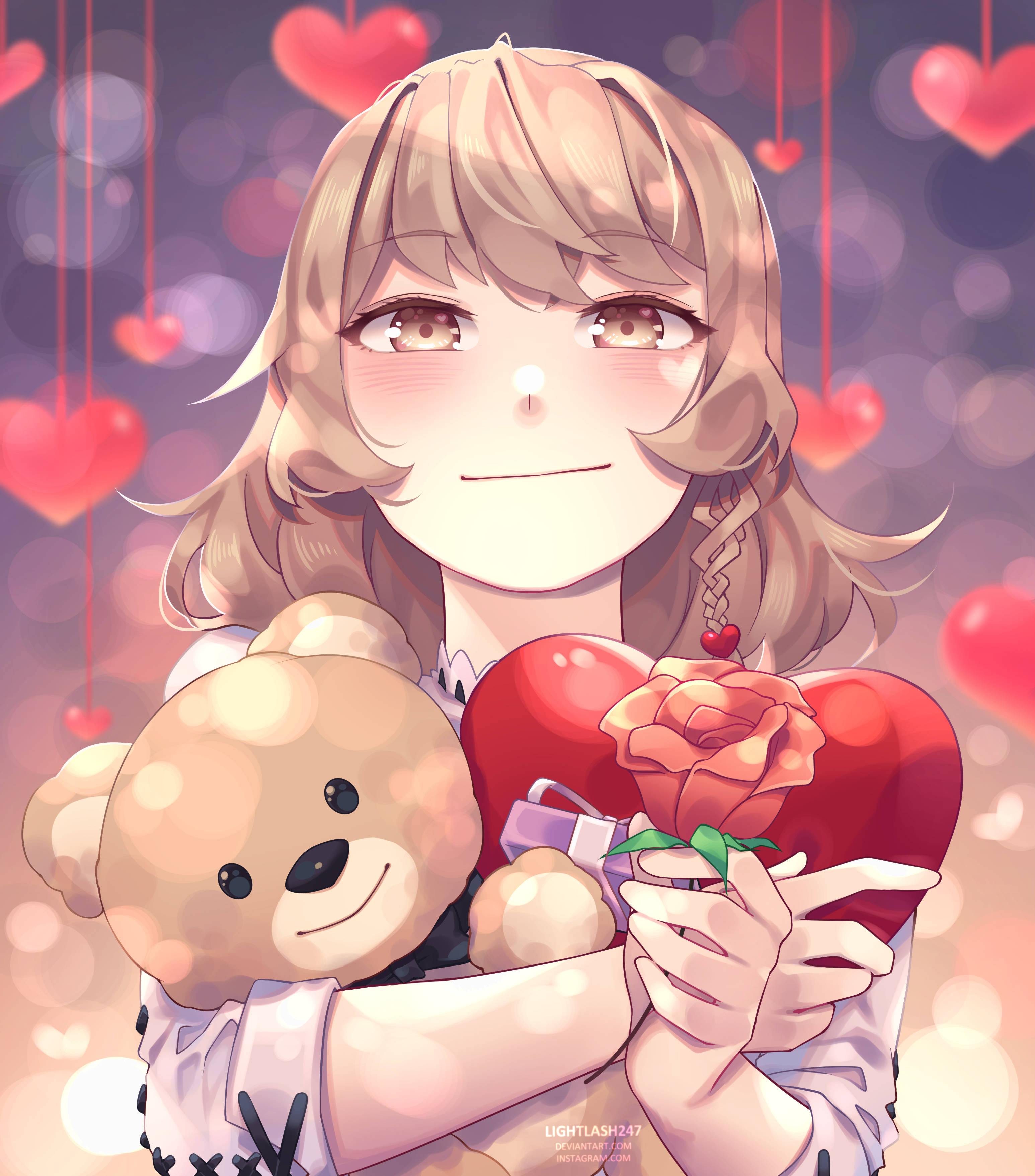 Cô gái anime dễ thương ôm trái tim và gấu Hình nền