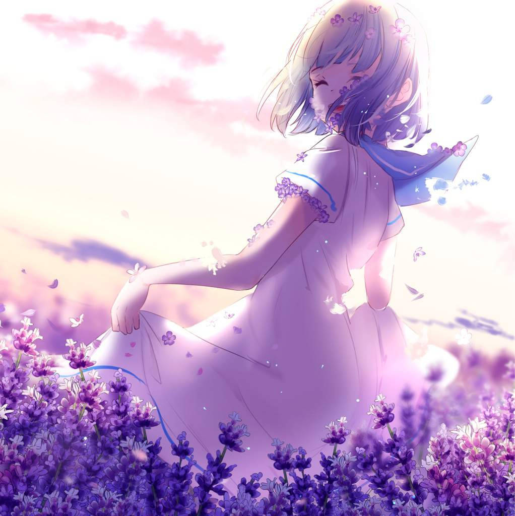 Cô gái anime dễ thương trên cánh đồng hoa Hình nền
