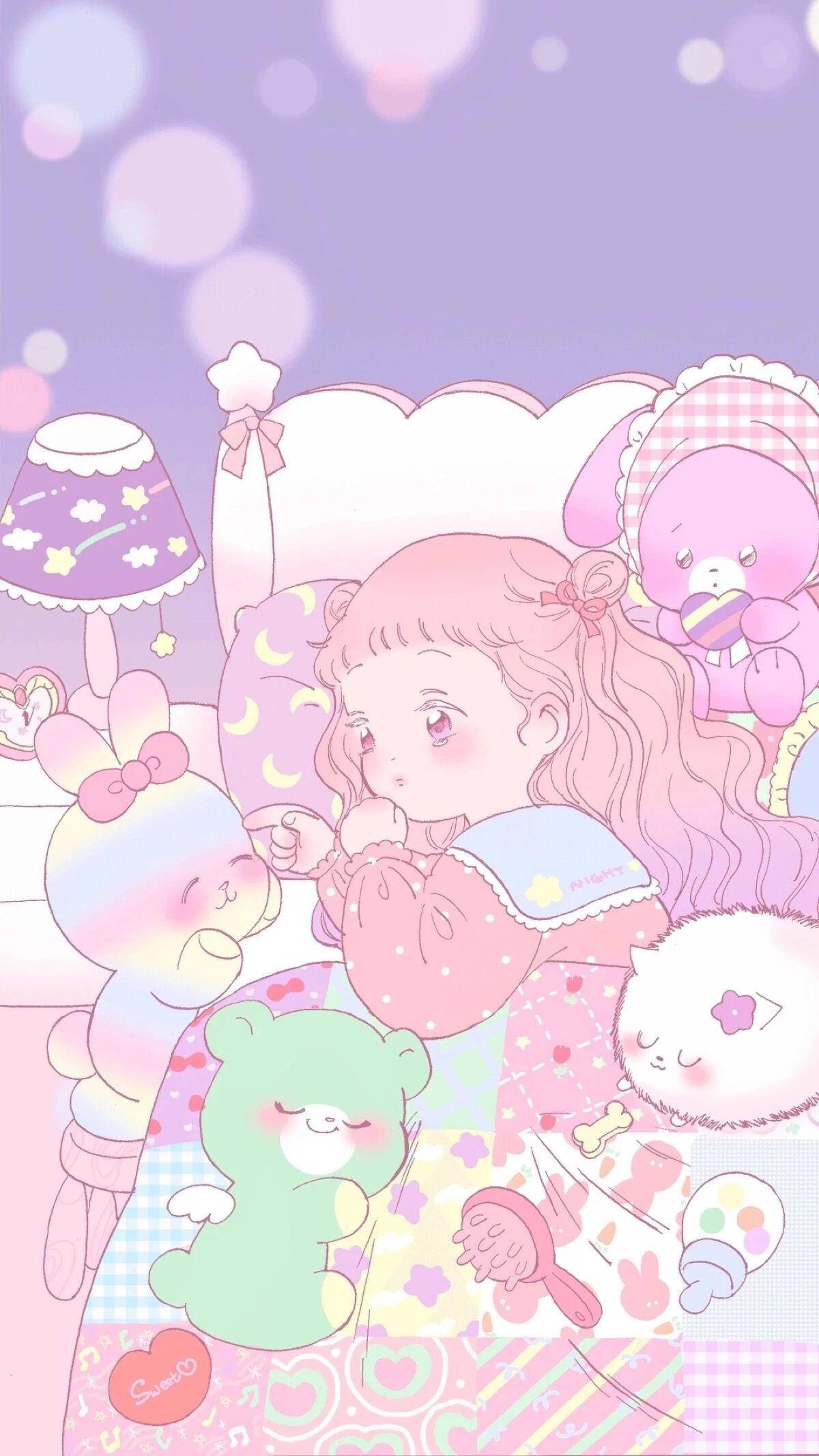 Cô gái anime dễ thương trên giường cùng thú nhồi bông Hình nền