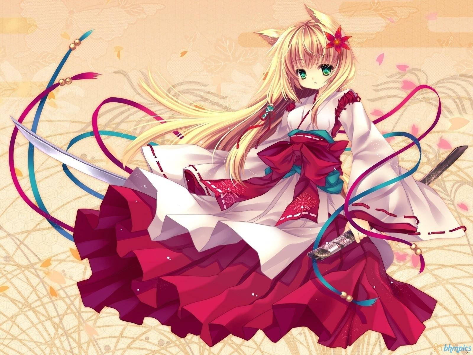 Cô gái anime dễ thương với tai mèo và kimono Hình nền